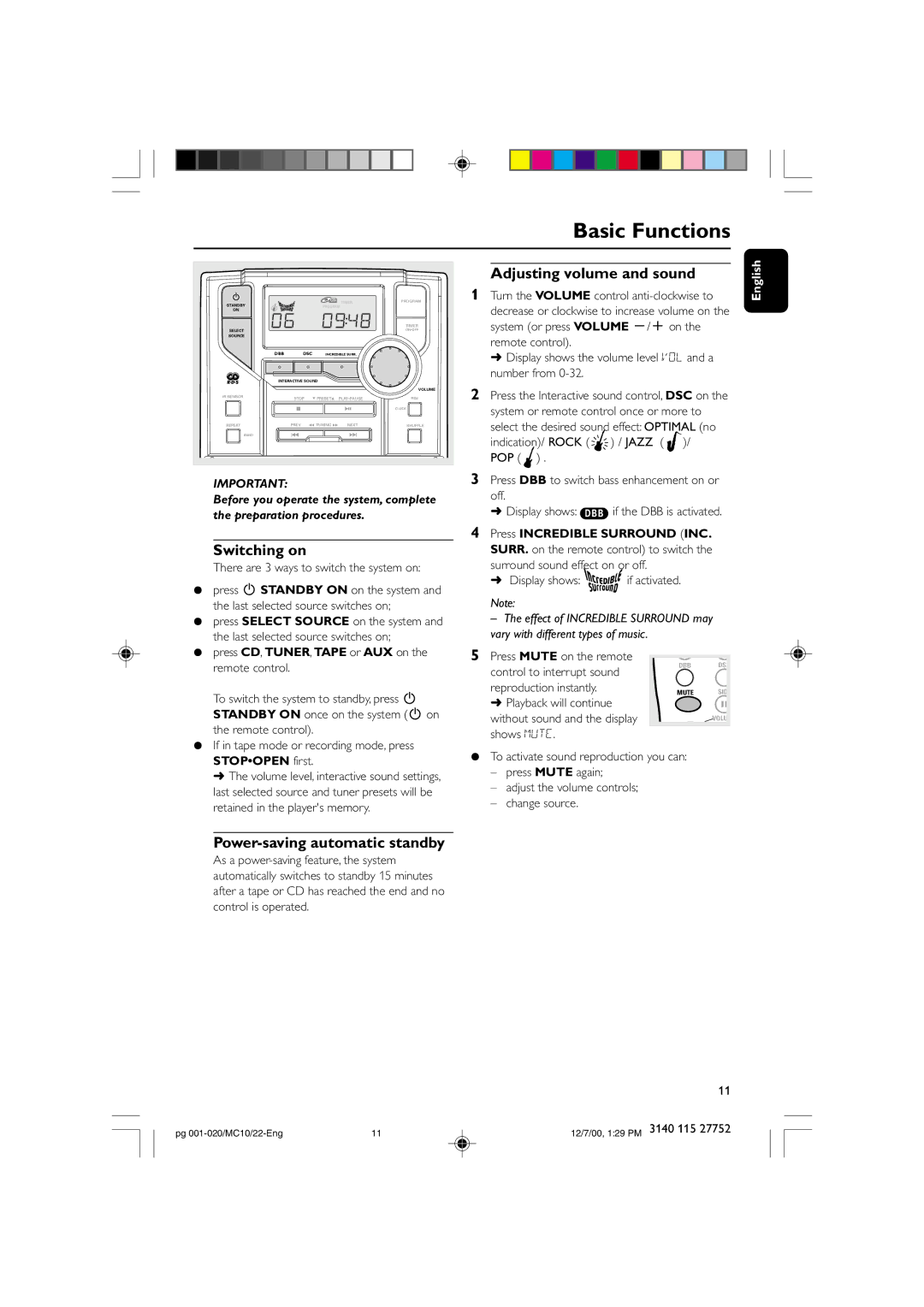 Philips MC-10 manual Basic Functions, Adjusting volume and sound, Switching on, Power-saving automatic standby 