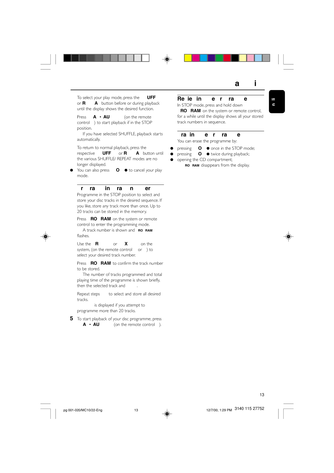 Philips MC-10 manual Reviewing the programme, Erasing the programme, Programming track numbers 