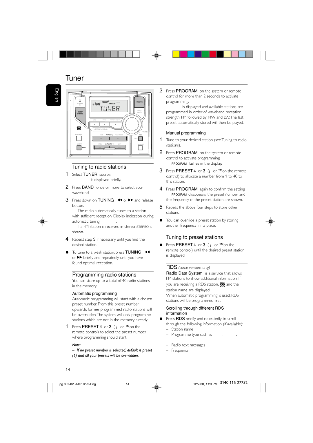 Philips MC-10 manual Tuning to radio stations, Programming radio stations, Tuning to preset stations, Automatic programming 