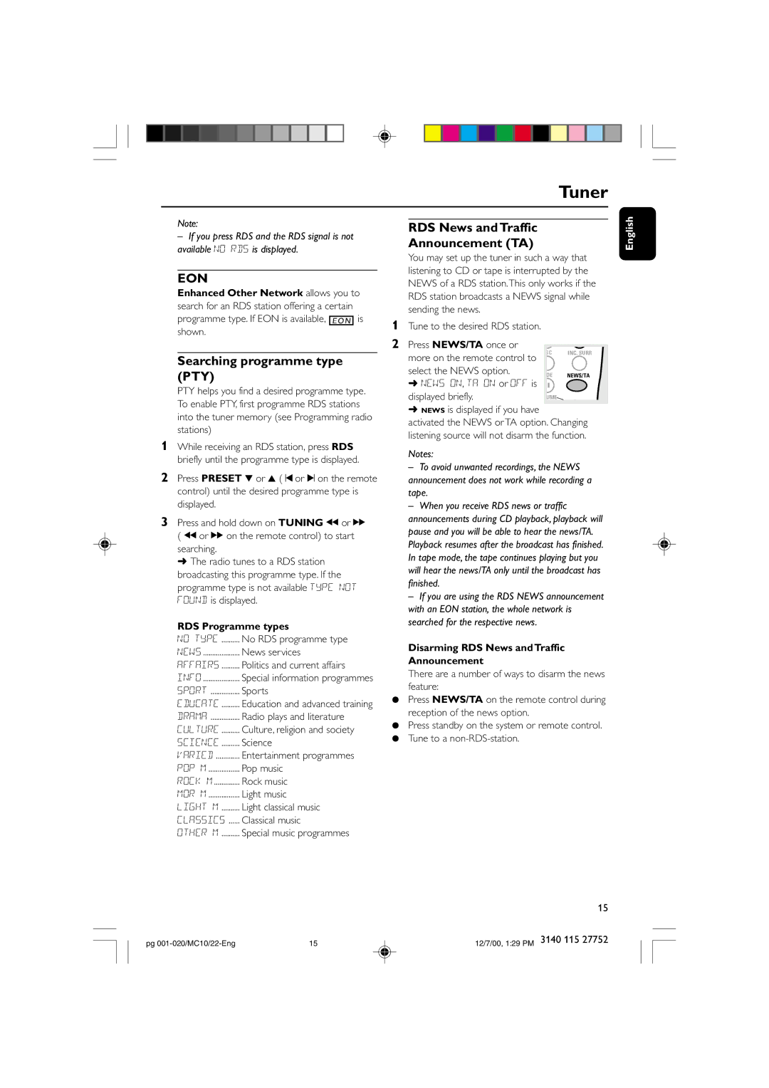 Philips MC-10 manual Tuner, Searching programme type PTY, RDS News and Traffic Announcement TA, RDS Programme types 