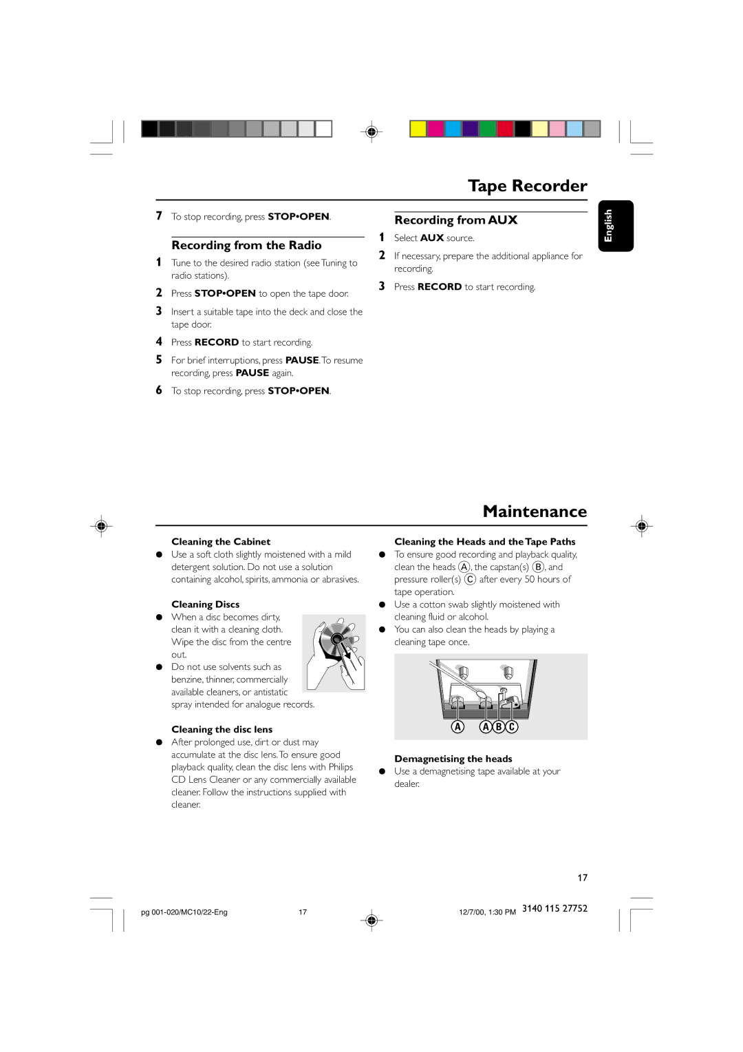 Philips MC-10 manual Maintenance, Recording from AUX, B C 