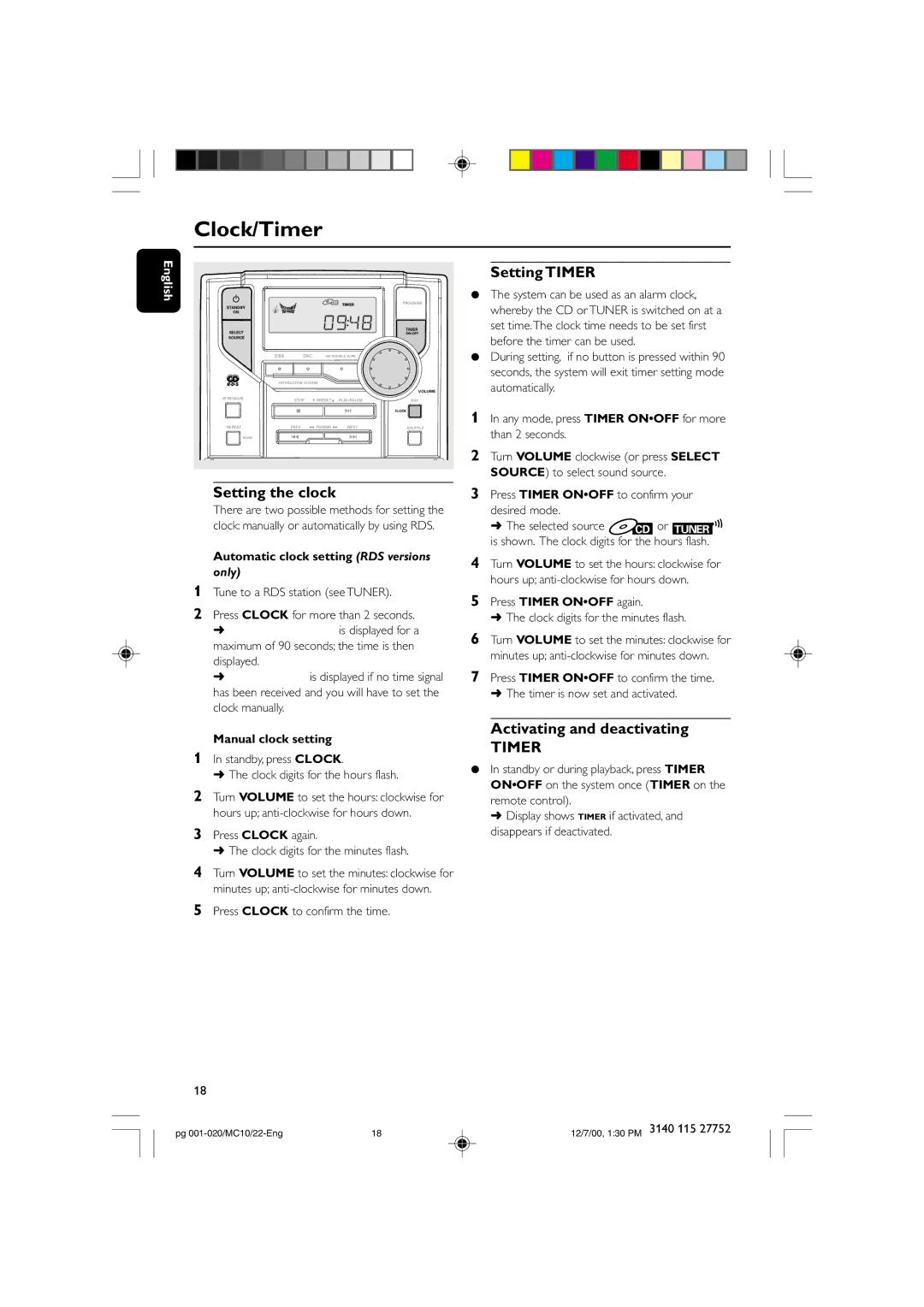 Philips MC-10 Setting the clock, Activating and deactivating, Automatic clock setting RDS versions, Manual clock setting 