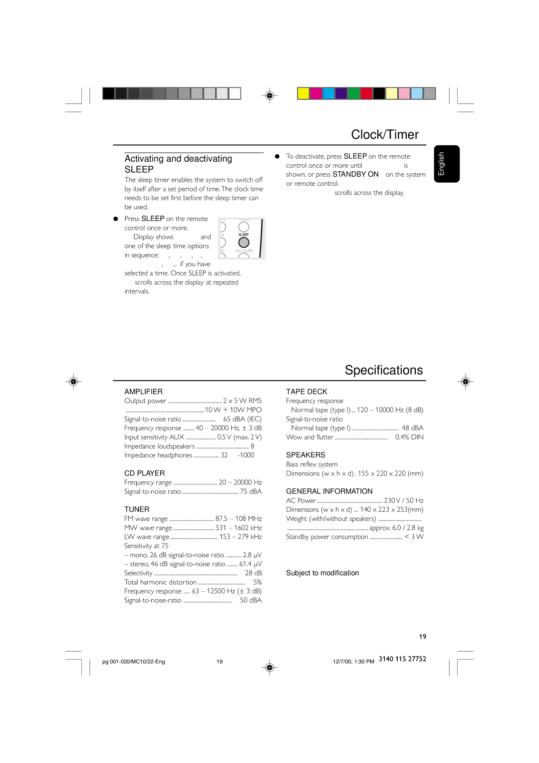 Philips MC-10 manual Clock/Timer, Specifications 