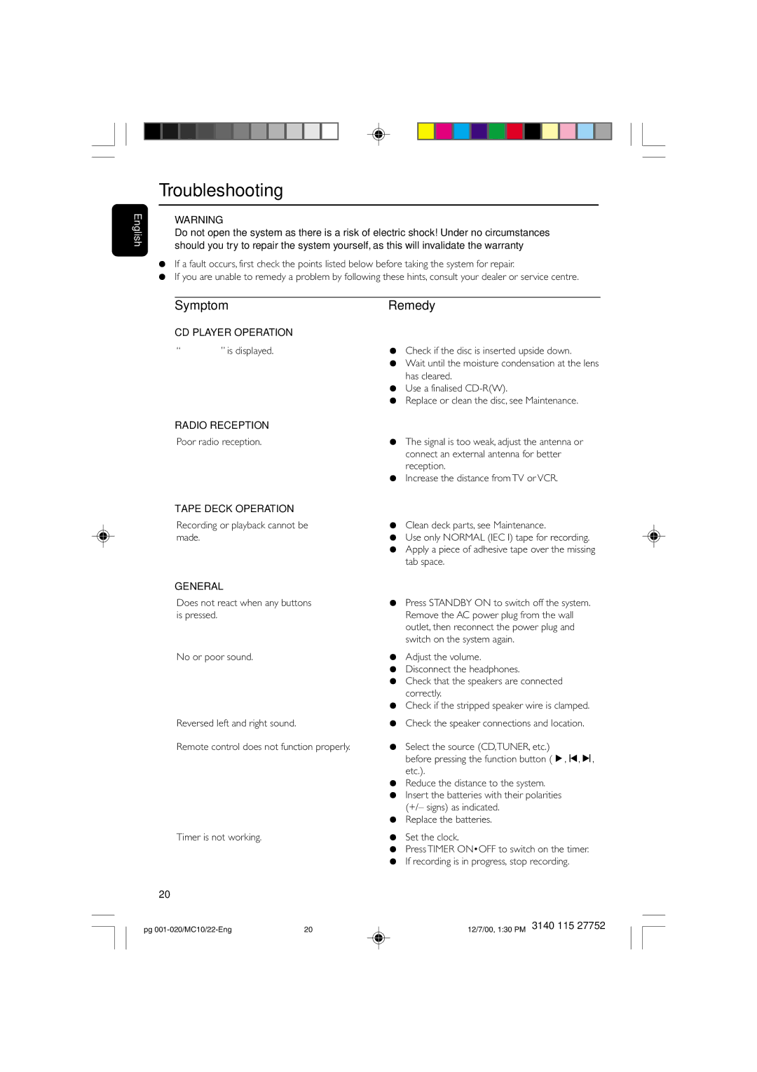 Philips MC-10 manual Troubleshooting, Symptom, Remedy 