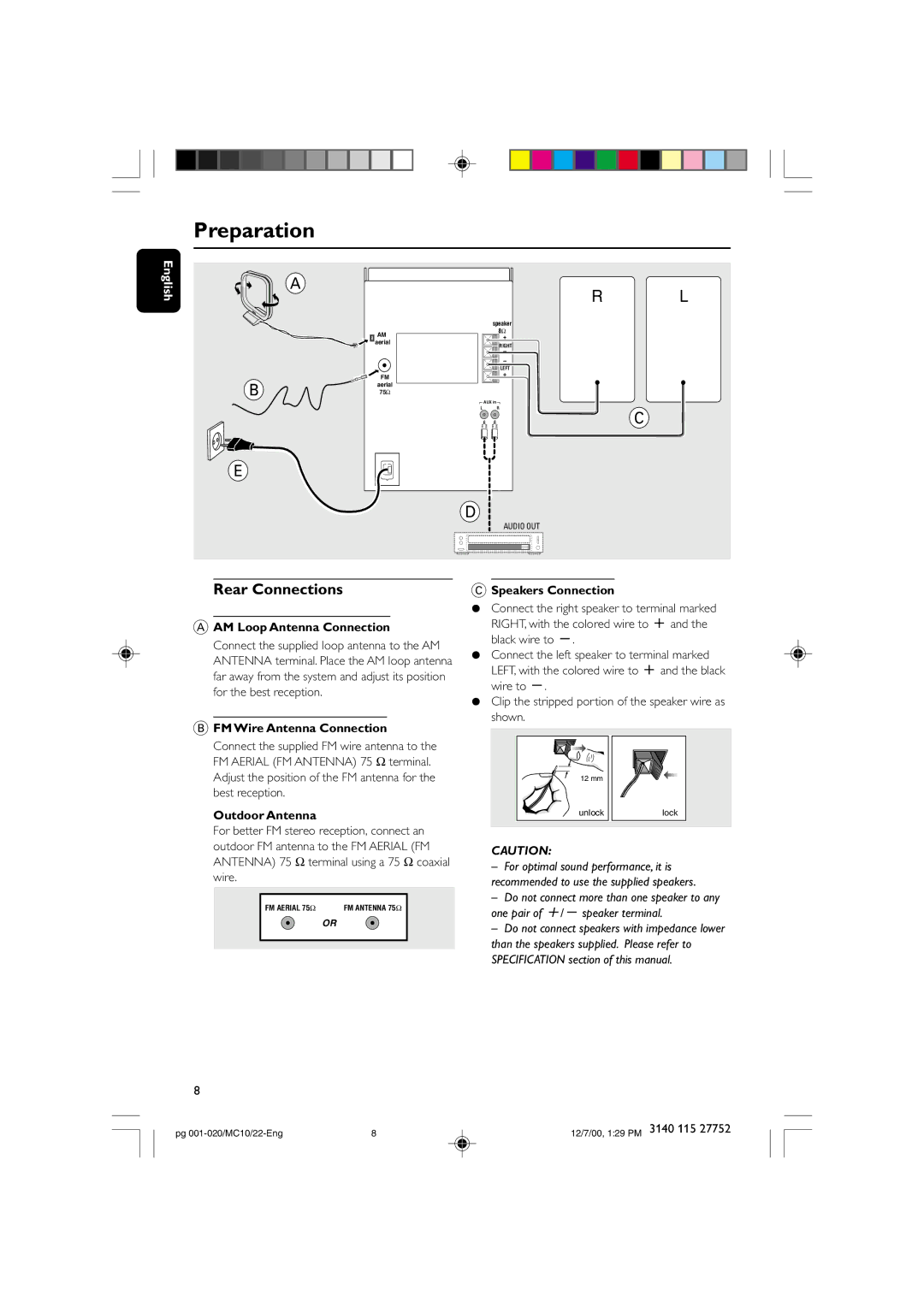 Philips MC-10 manual Rear Connections, AM Loop Antenna Connection, FM Wire Antenna Connection, Outdoor Antenna 