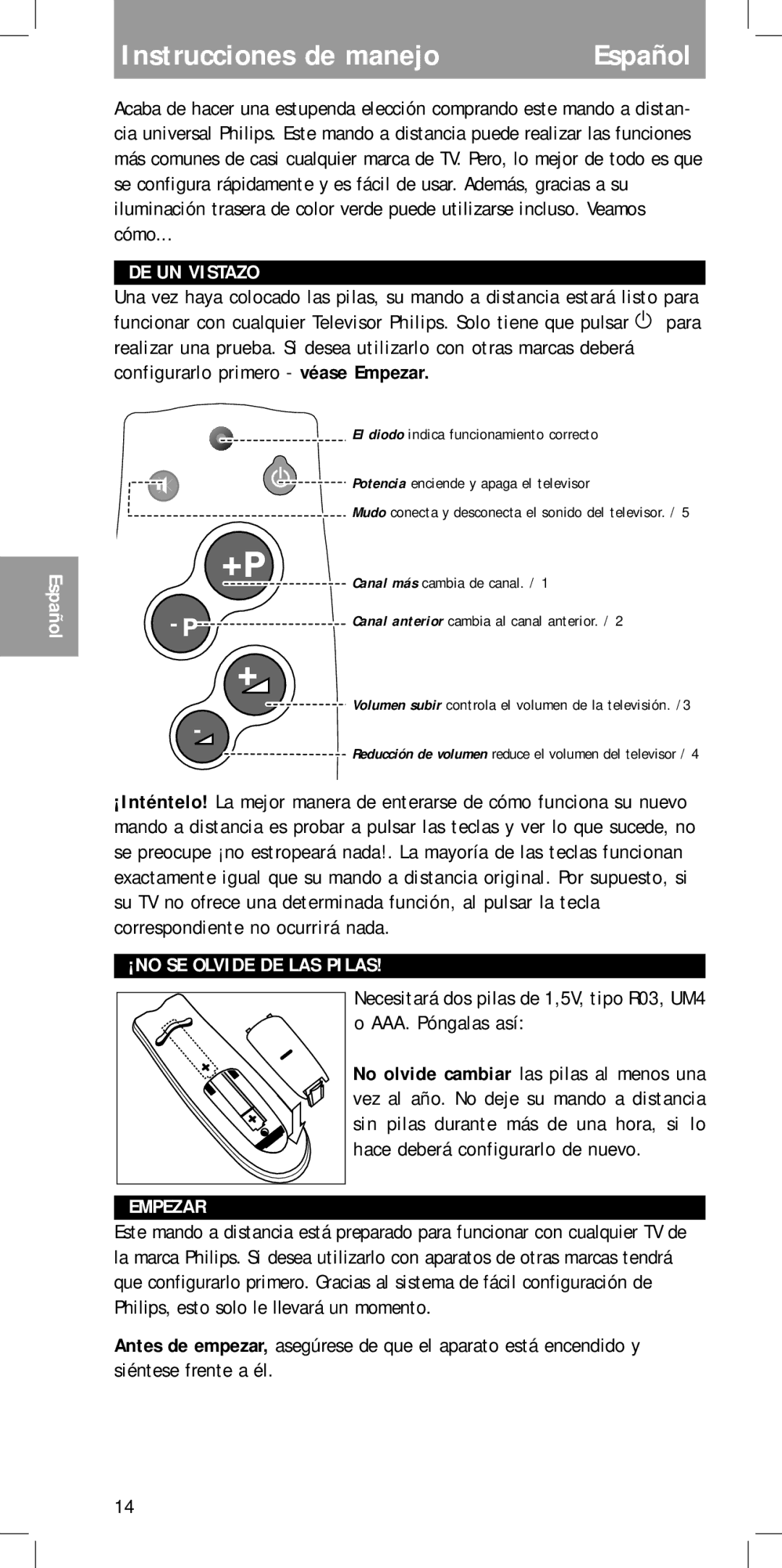 Philips MC-110 manual Instrucciones de manejo, DE UN Vistazo, ¡NO SE Olvide DE LAS Pilas, Empezar 