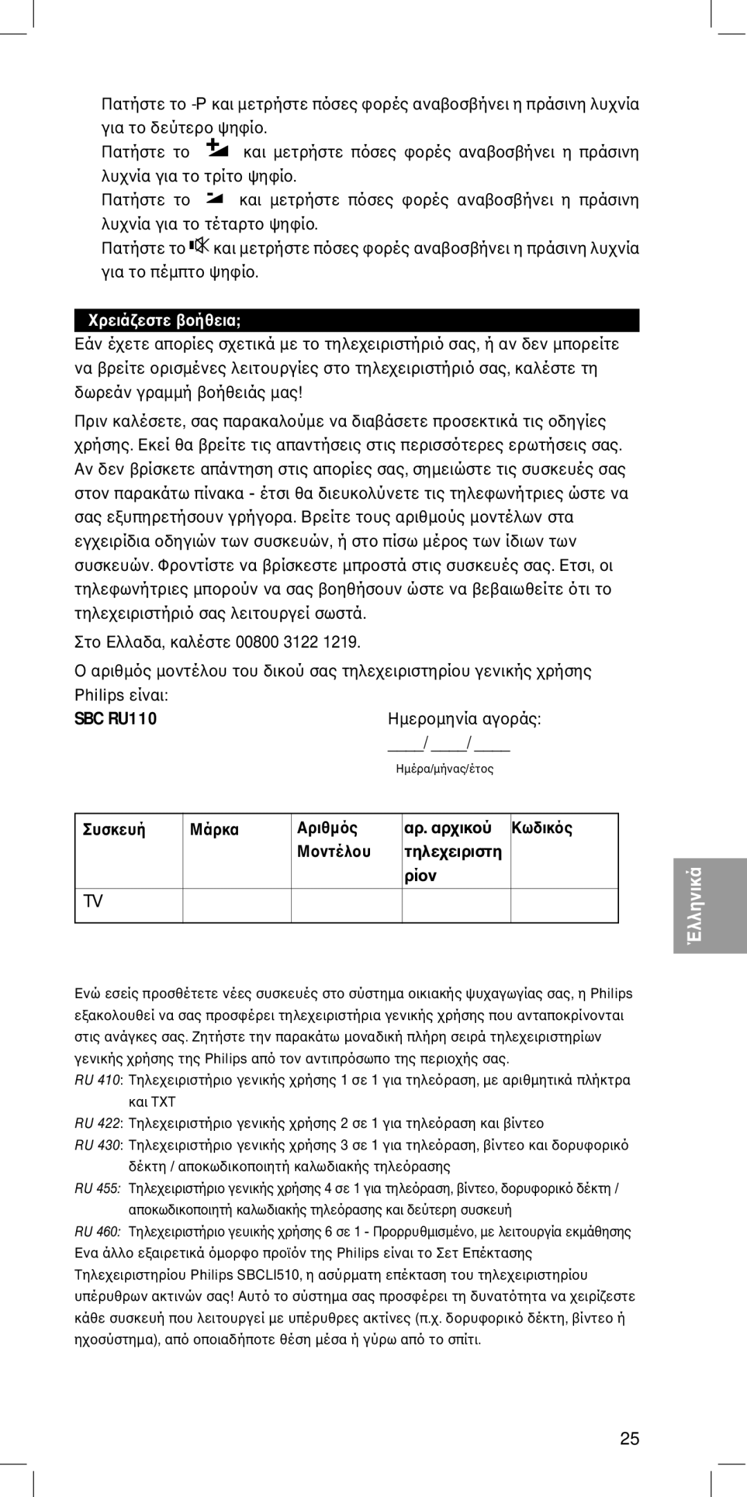 Philips MC-110 manual Αριθµµτδικσας τηλεγενικής Philips είναι, Ηµεραγ, Συσκευή Μάρκα Αριθµ Αρ. αρ Κωδικ Τηλε 