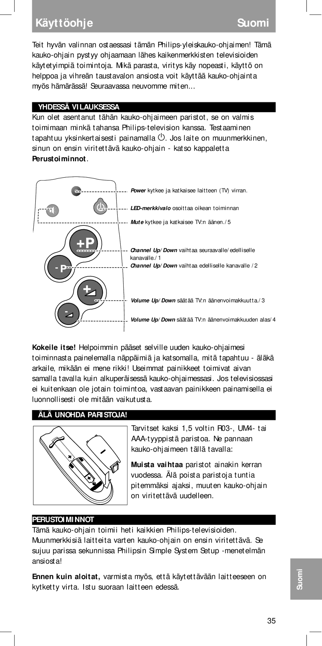 Philips MC-110 manual Käyttöohje Suomi, Yhdessä Vilauksessa, Perustoiminnot, Kytketty virta. Istu suoraan laitteen edessä 