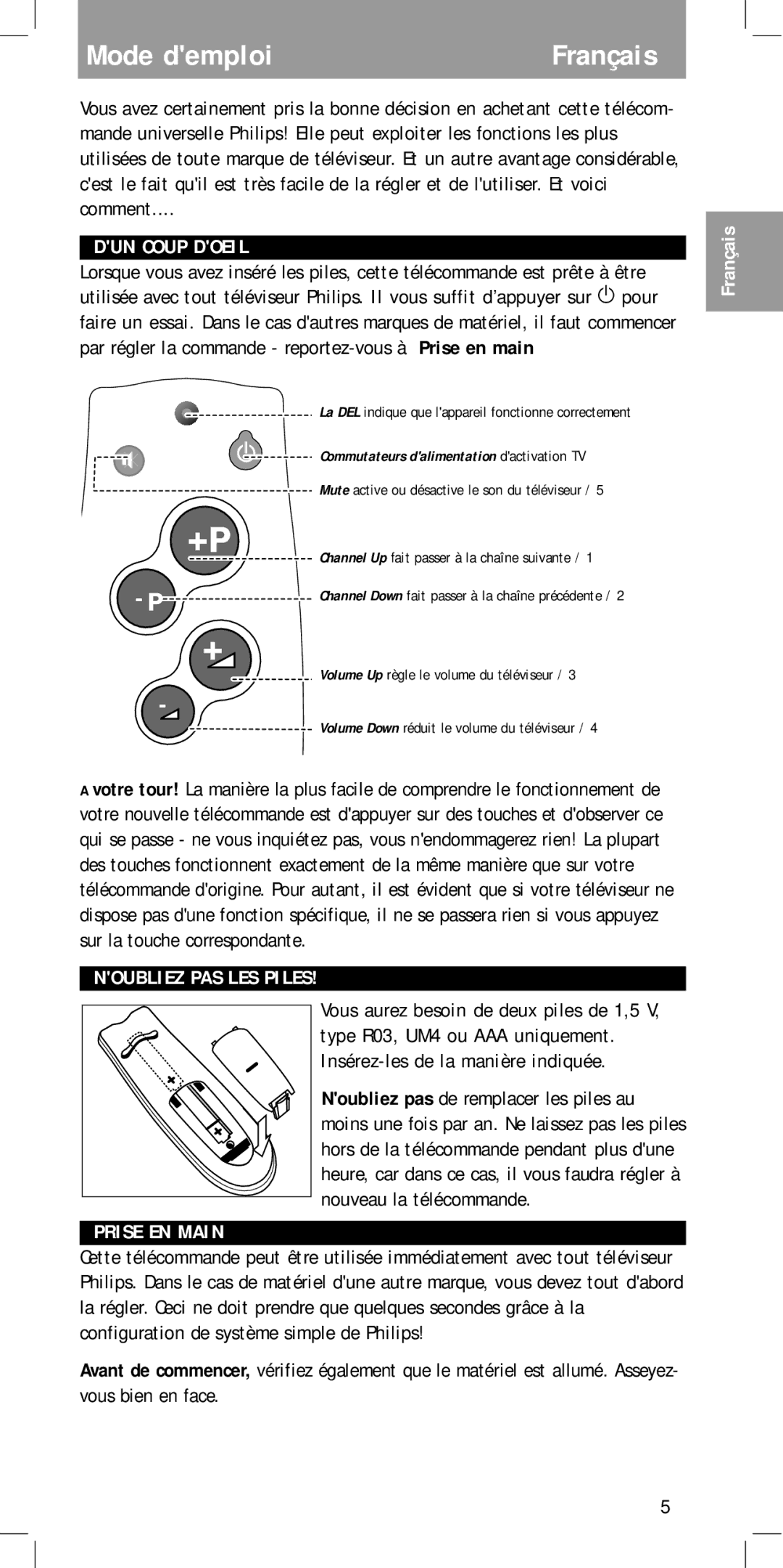 Philips MC-110 manual Mode demploiFrançais, DUN Coup Doeil, Noubliez PAS LES Piles, Prise EN Main 