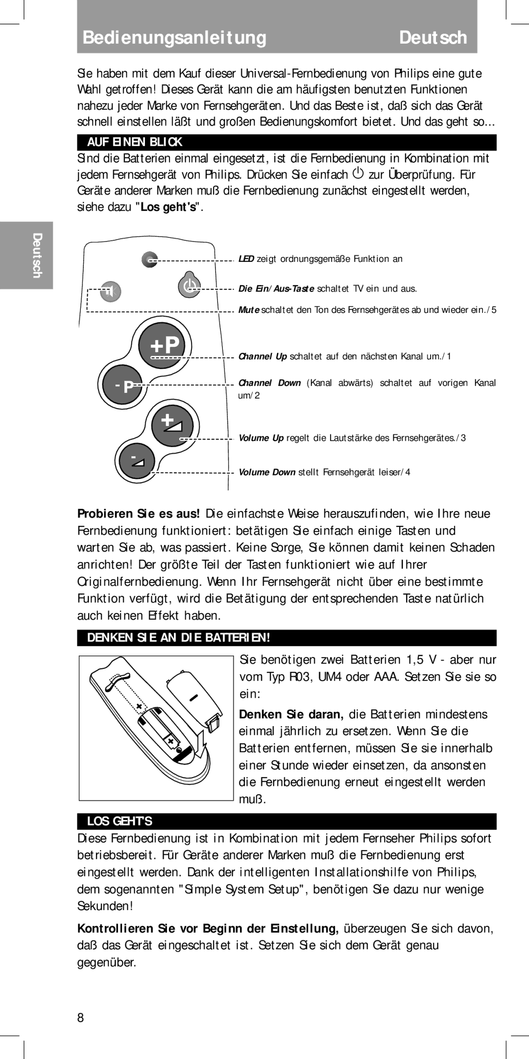 Philips MC-110 manual BedienungsanleitungDeutsch, AUF Einen Blick, Denken SIE AN DIE Batterien, LOS Gehts 