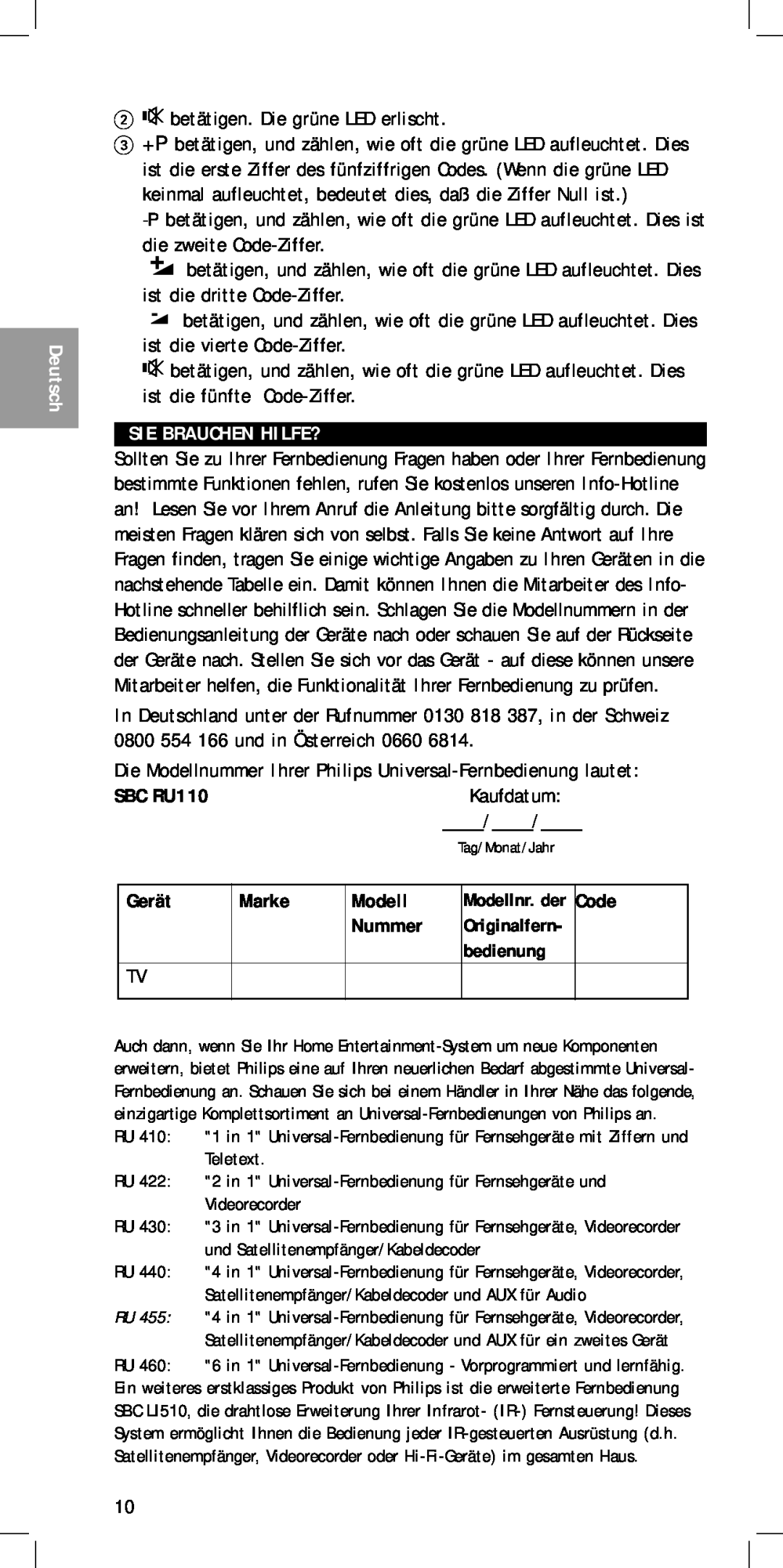 Philips MC-110 manual Sie Brauchen Hilfe?, Kaufdatum, Gerät, Marke, Modell, Deutsch, SBC RU110 