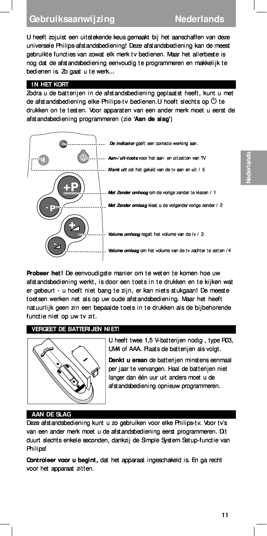 Philips MC-110 manual GebruiksaanwijzingNederlands, In Het Kort, Vergeet De Batterijen Niet, Aan De Slag 