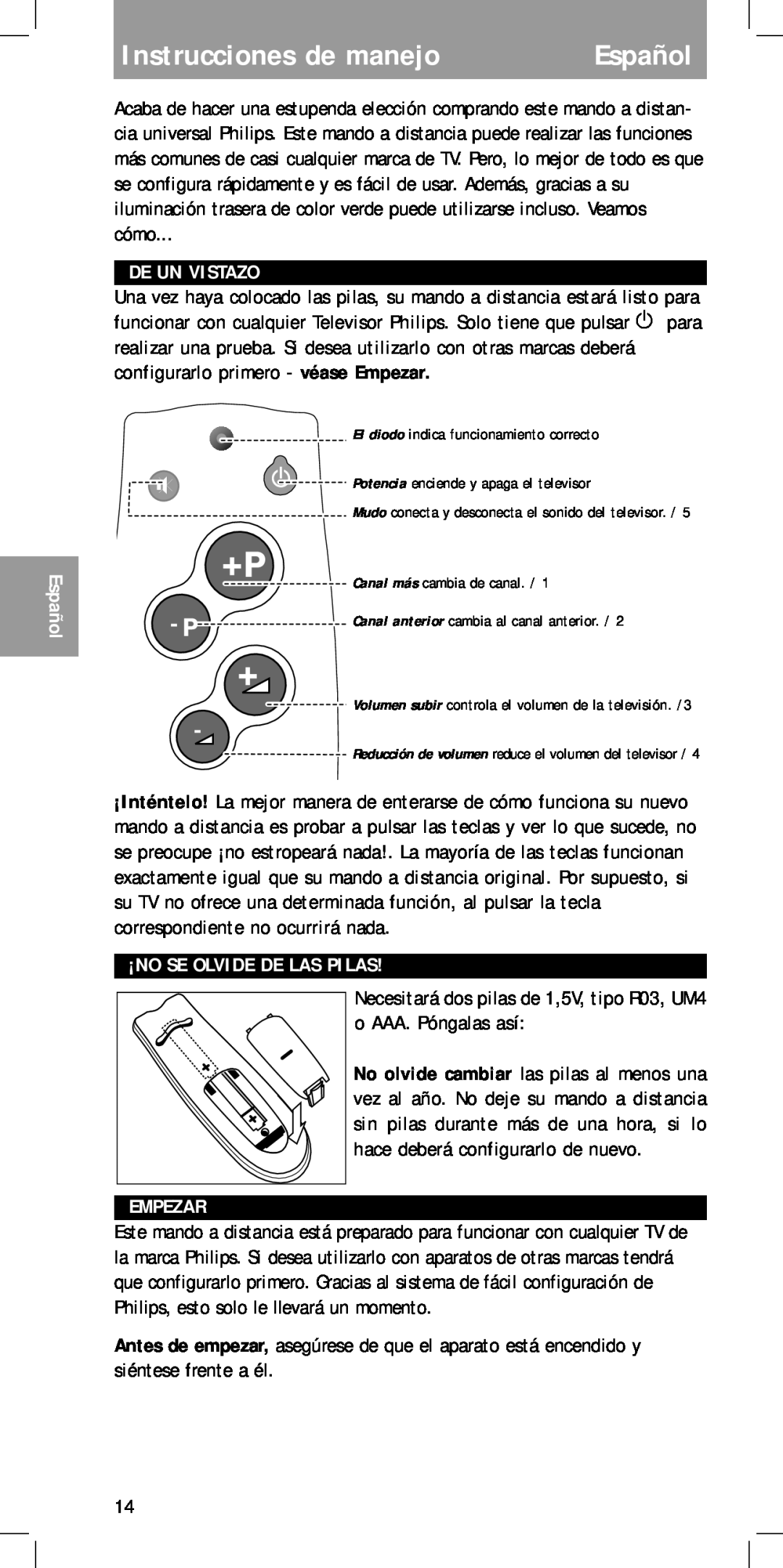Philips MC-110 manual Instrucciones de manejo, Español, De Un Vistazo, ¡No Se Olvide De Las Pilas, Empezar 