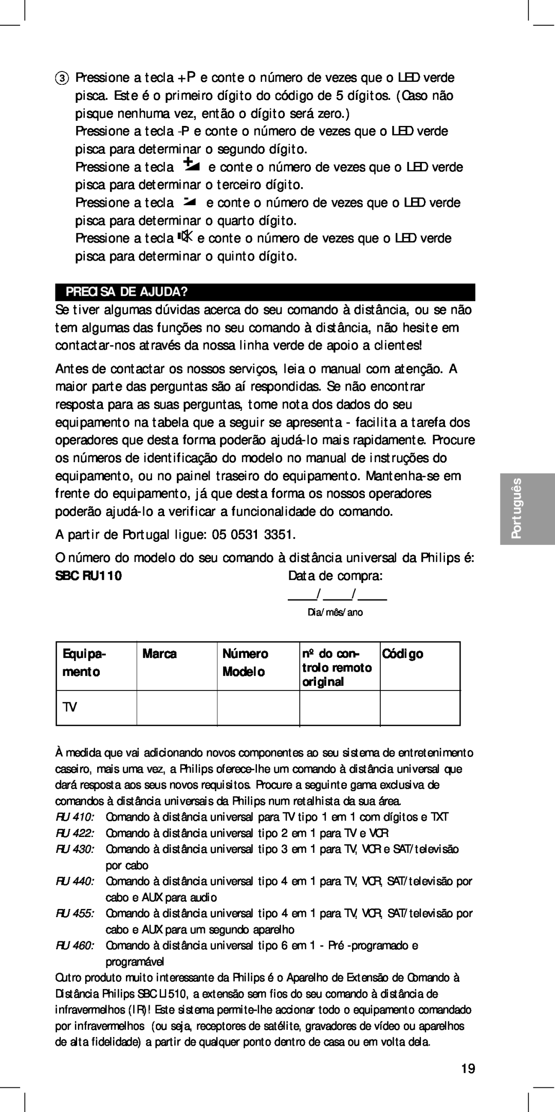 Philips MC-110 manual Precisa De Ajuda?, Equipa, mento, Modelo, SBC RU110, Marca, Código, Português 