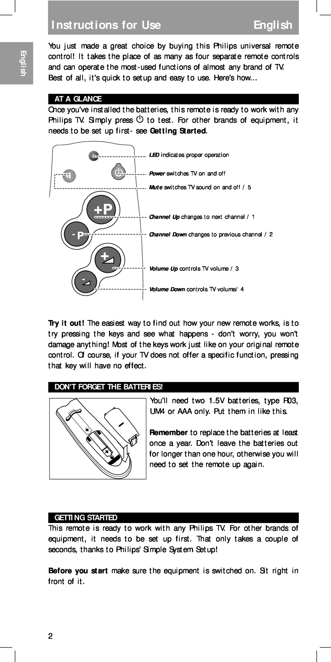 Philips MC-110 manual Instructions for Use, English, At A Glance, Dont Forget The Batteries, Getting Started 