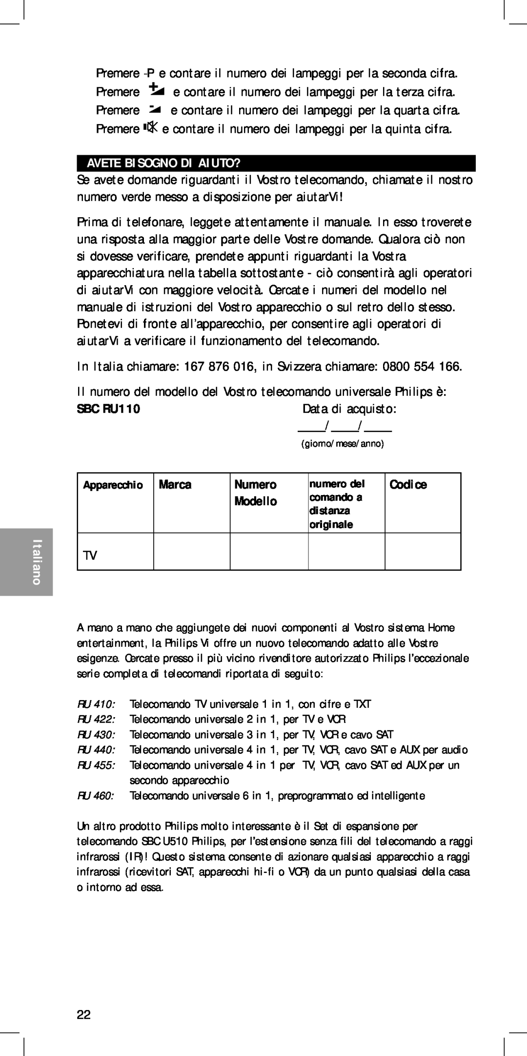 Philips MC-110 Avete Bisogno Di Aiuto?, Data di acquisto, SBC RU110, Marca, Numero, Modello, RU455- page, Apparecchio 