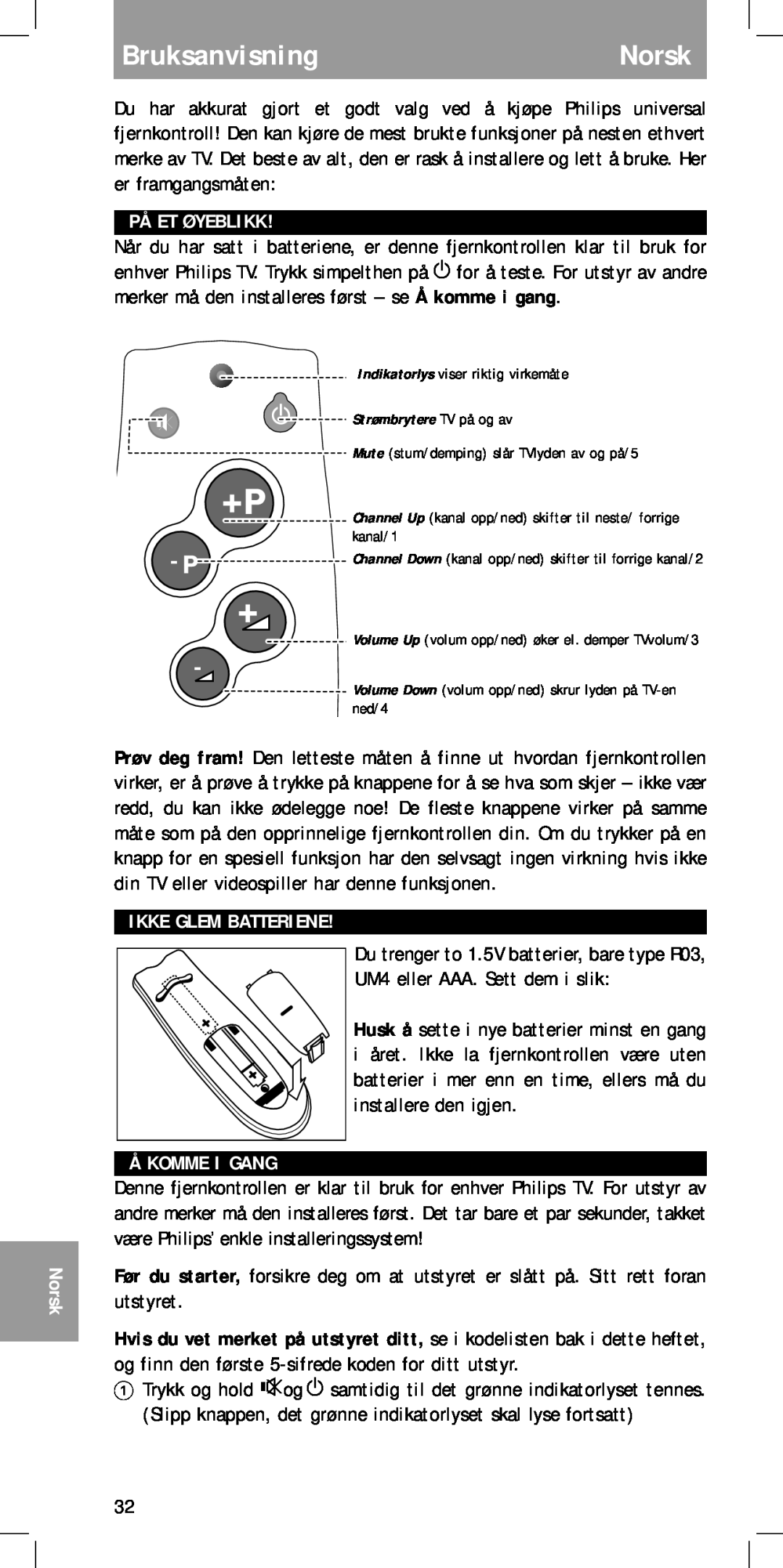 Philips MC-110 manual BruksanvisningNorsk, På Et Øyeblikk, Ikke Glem Batteriene, Å Komme I Gang 
