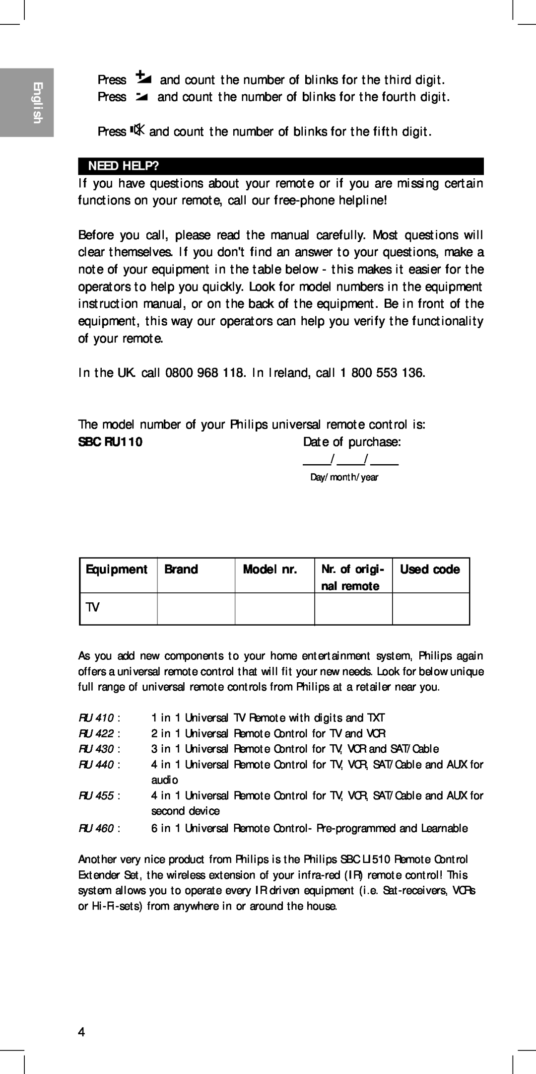 Philips MC-110 manual Need Help?, SBC RU110, Equipment Brand, Model nr, RU240- page, English 