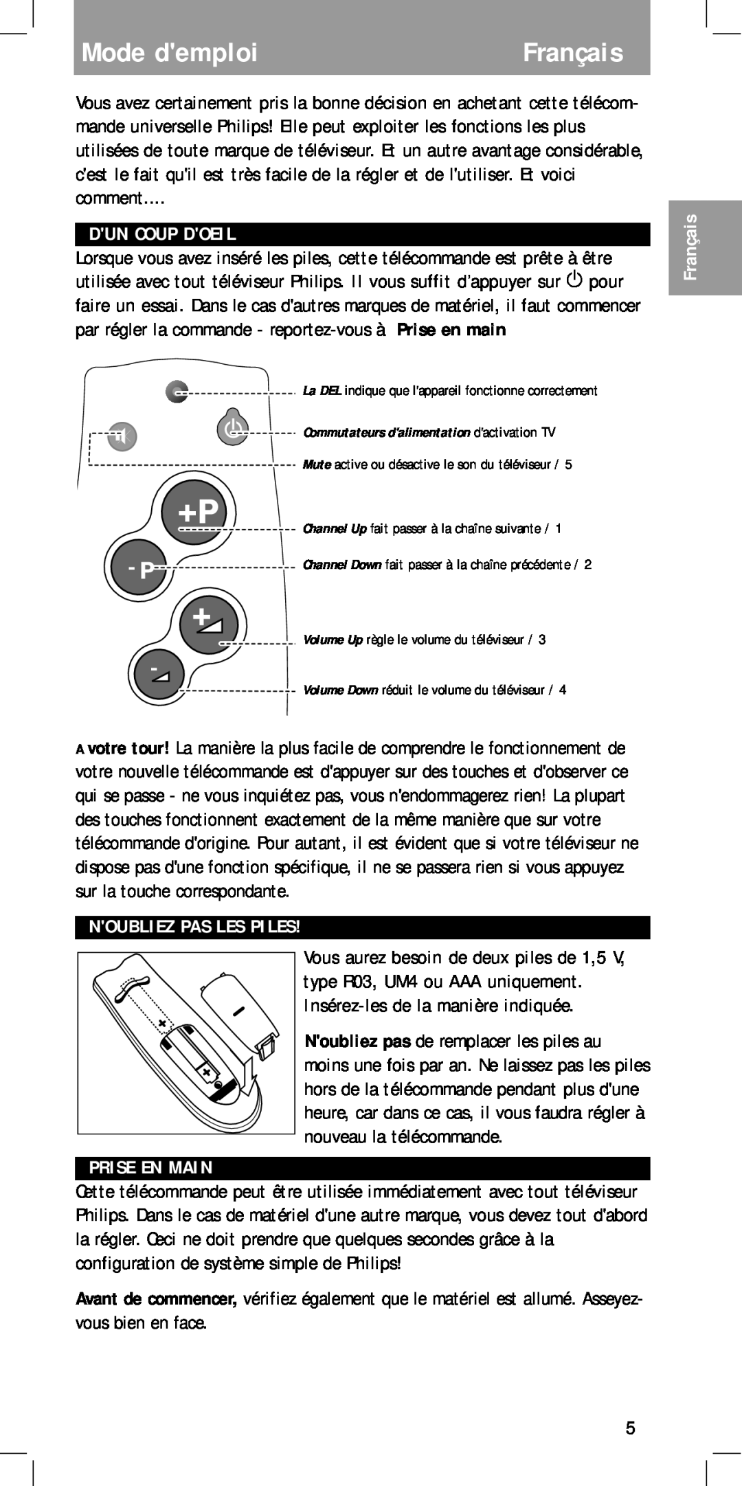 Philips MC-110 manual Mode demploiFrançais, Dun Coup Doeil, Noubliez Pas Les Piles, Prise En Main 