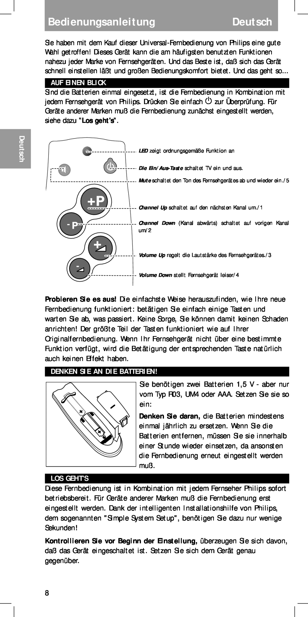 Philips MC-110 manual BedienungsanleitungDeutsch, Auf Einen Blick, Denken Sie An Die Batterien, Los Gehts 