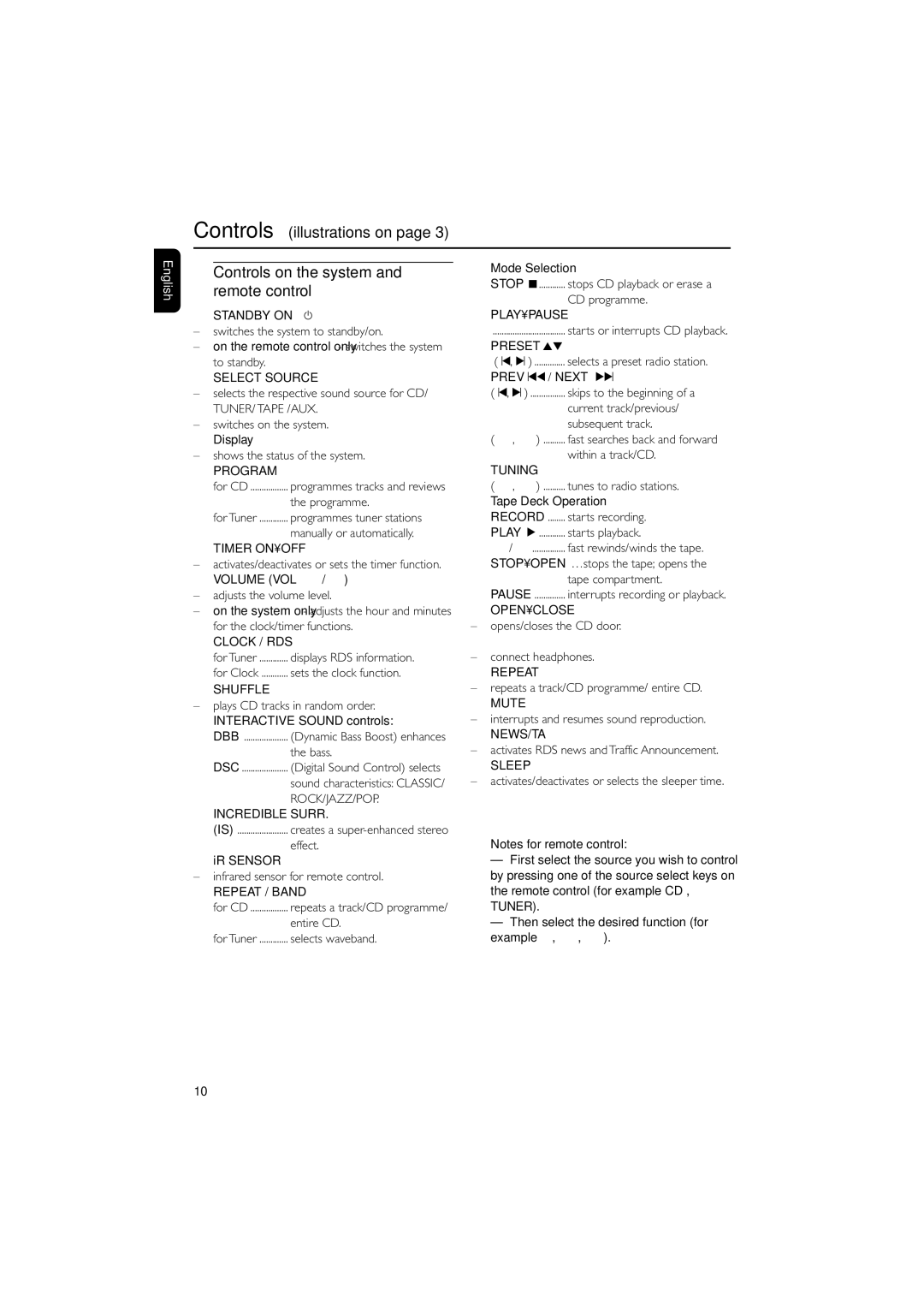 Philips MC-122 manual Controls on the system and remote control 