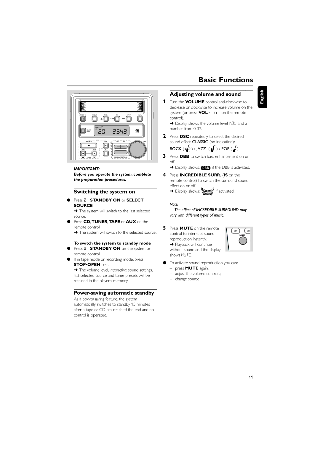 Philips MC-122 manual Basic Functions, Switching the system on, Adjusting volume and sound, Power-saving automatic standby 