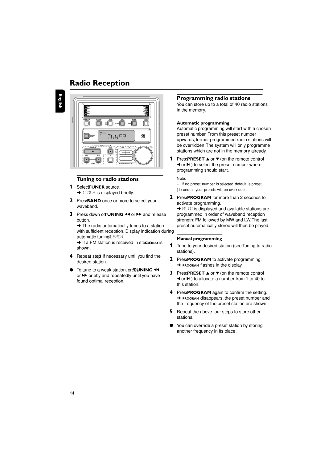 Philips MC-122 manual Radio Reception, Tuning to radio stations, Programming radio stations, Automatic programming 