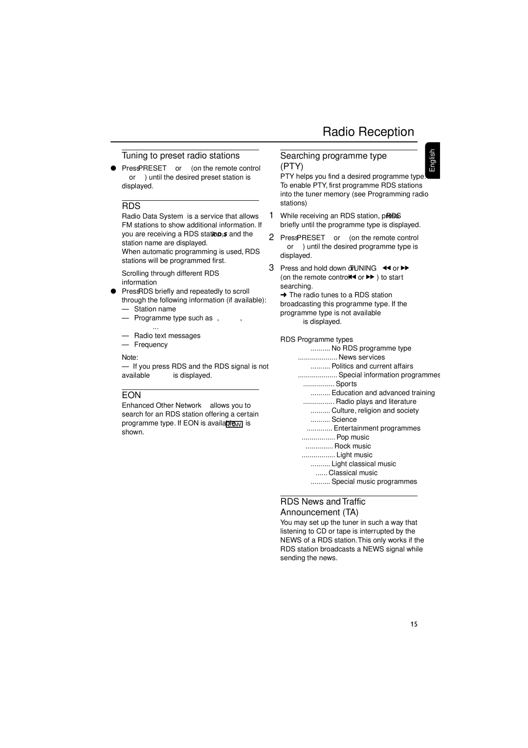 Philips MC-122 manual Tuning to preset radio stations, Searching programme type PTY, RDS News and Traffic Announcement TA 