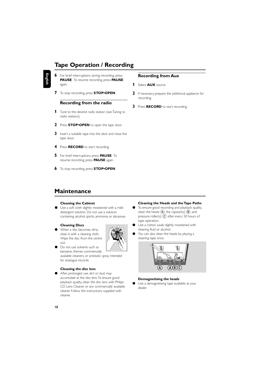 Philips MC-122 manual Maintenance, Recording from Aux, Recording from the radio, B C 