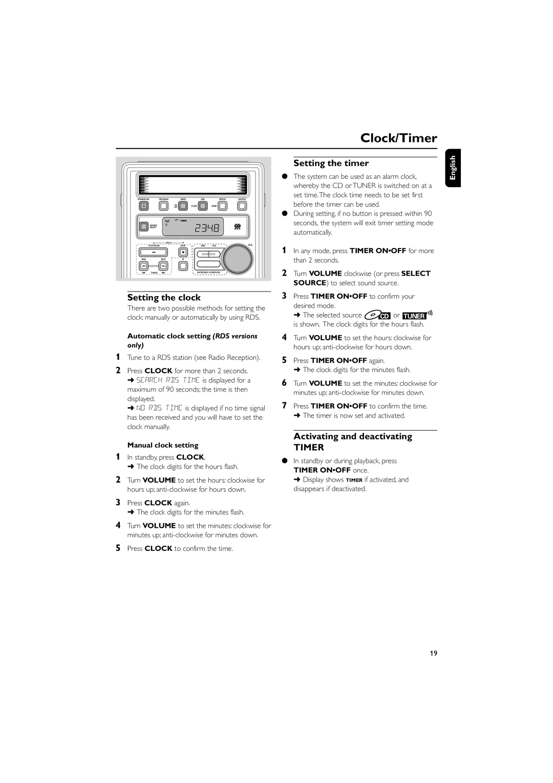 Philips MC-122 manual Clock/Timer, Setting the clock, Setting the timer 