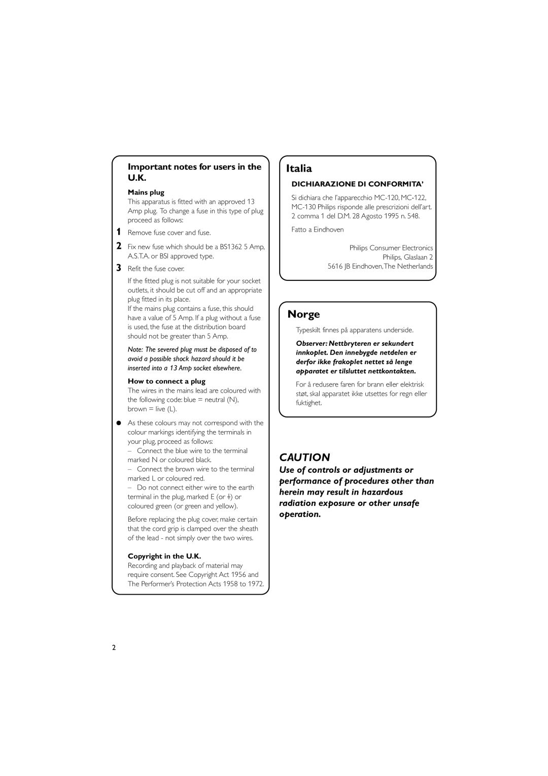 Philips MC-122 manual Important notes for users in the U.K, Mains plug, How to connect a plug, Copyright in the U.K 