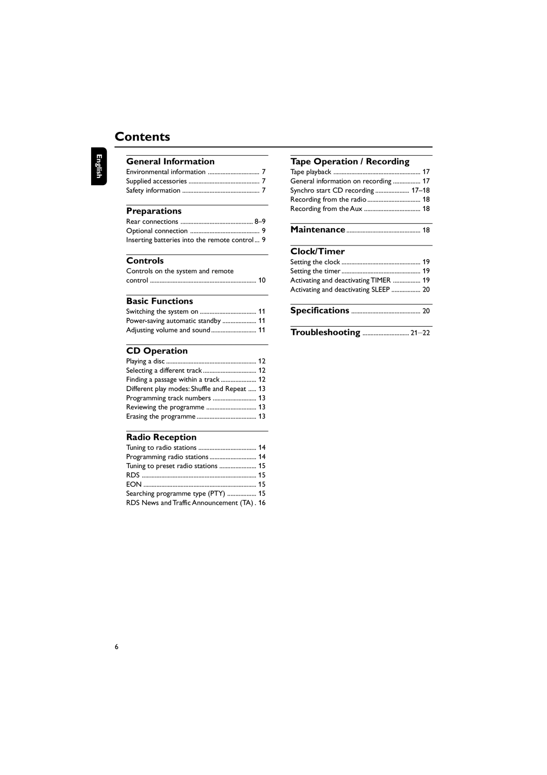 Philips MC-122 manual Contents 