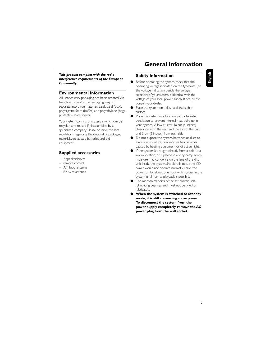 Philips MC-122 manual General Information, Environmental Information, Supplied accessories, Safety Information 