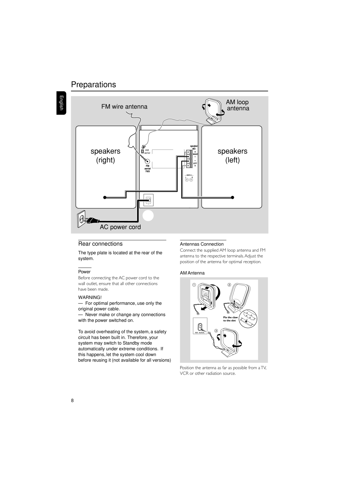 Philips MC-122 manual Preparations, Rear connections, Antennas Connection, Power, AM Antenna 