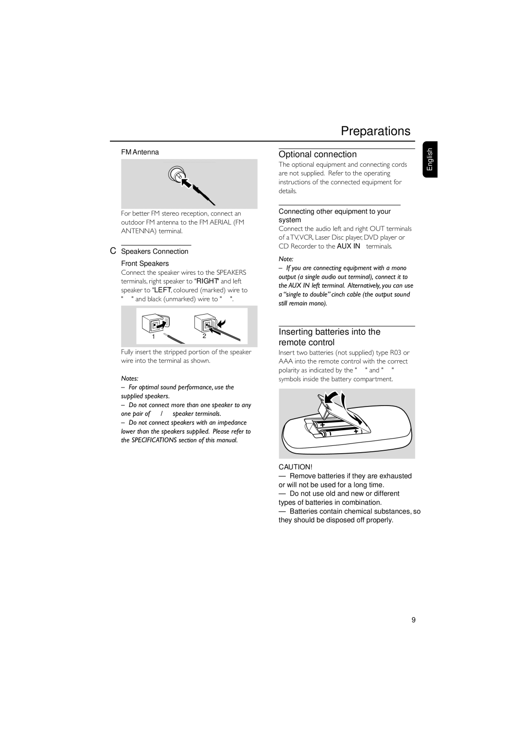 Philips MC-122 manual Optional connection, Inserting batteries into the remote control, FM Antenna 