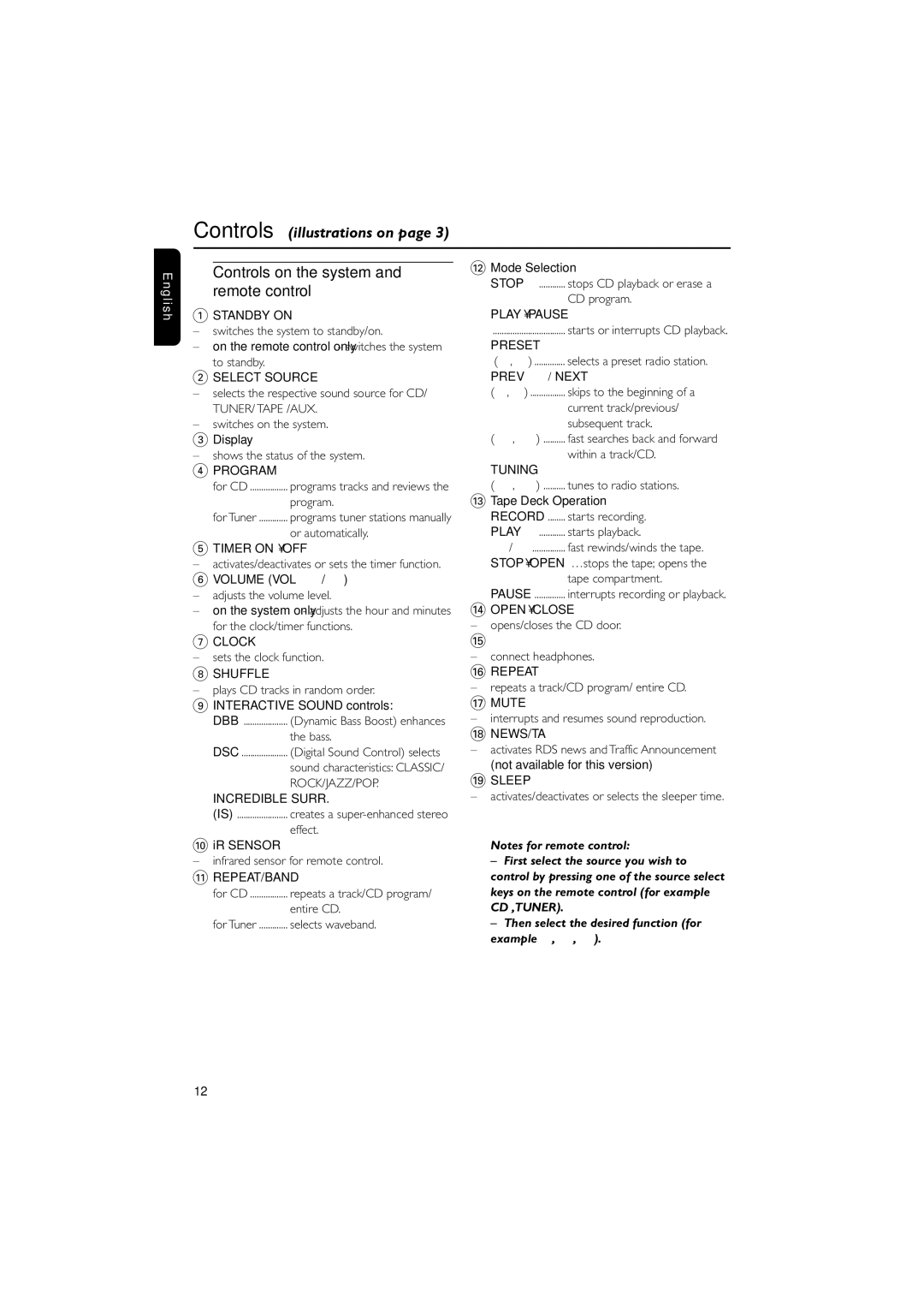 Philips MC-130 warranty Controls on the system and remote control 