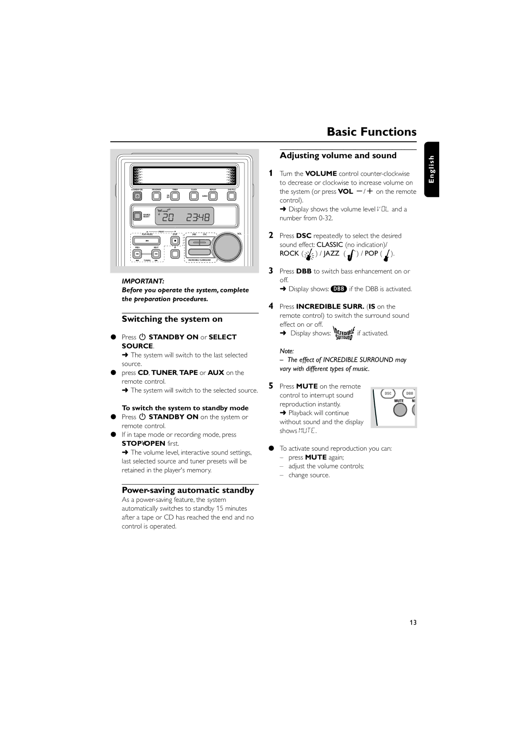 Philips MC-130 Basic Functions, Switching the system on, Adjusting volume and sound, Power-saving automatic standby 