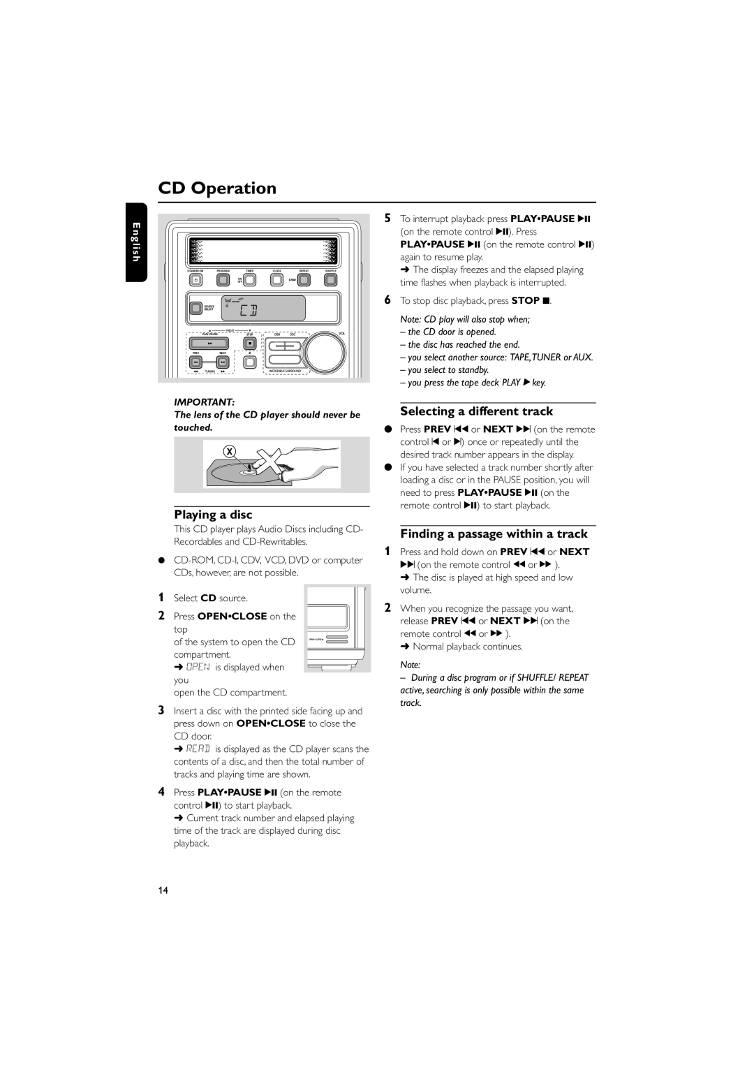 Philips MC-130 warranty CD Operation, Playing a disc, Selecting a different track, Finding a passage within a track 