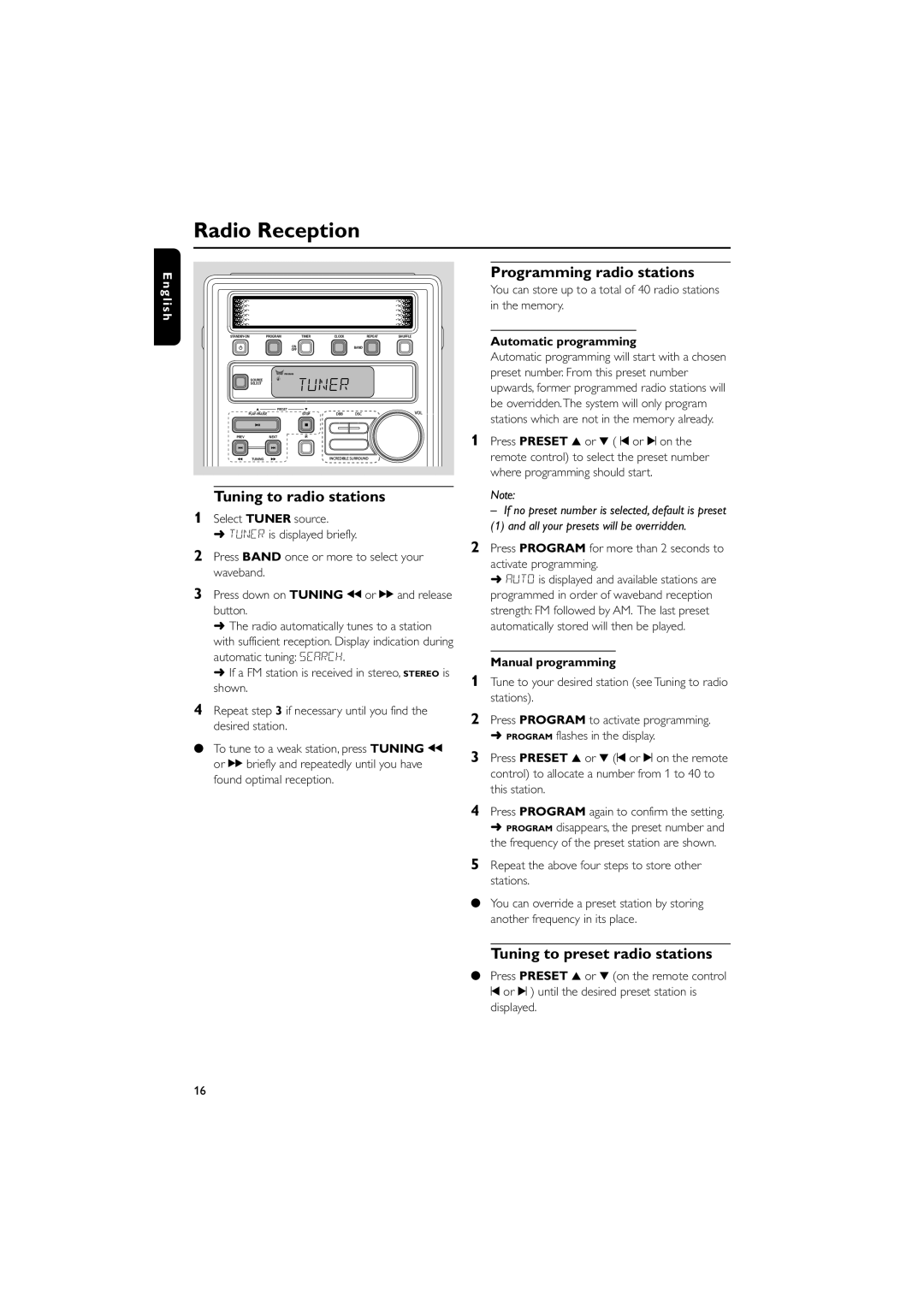 Philips MC-130 Radio Reception, Tuning to radio stations, Programming radio stations, Tuning to preset radio stations 