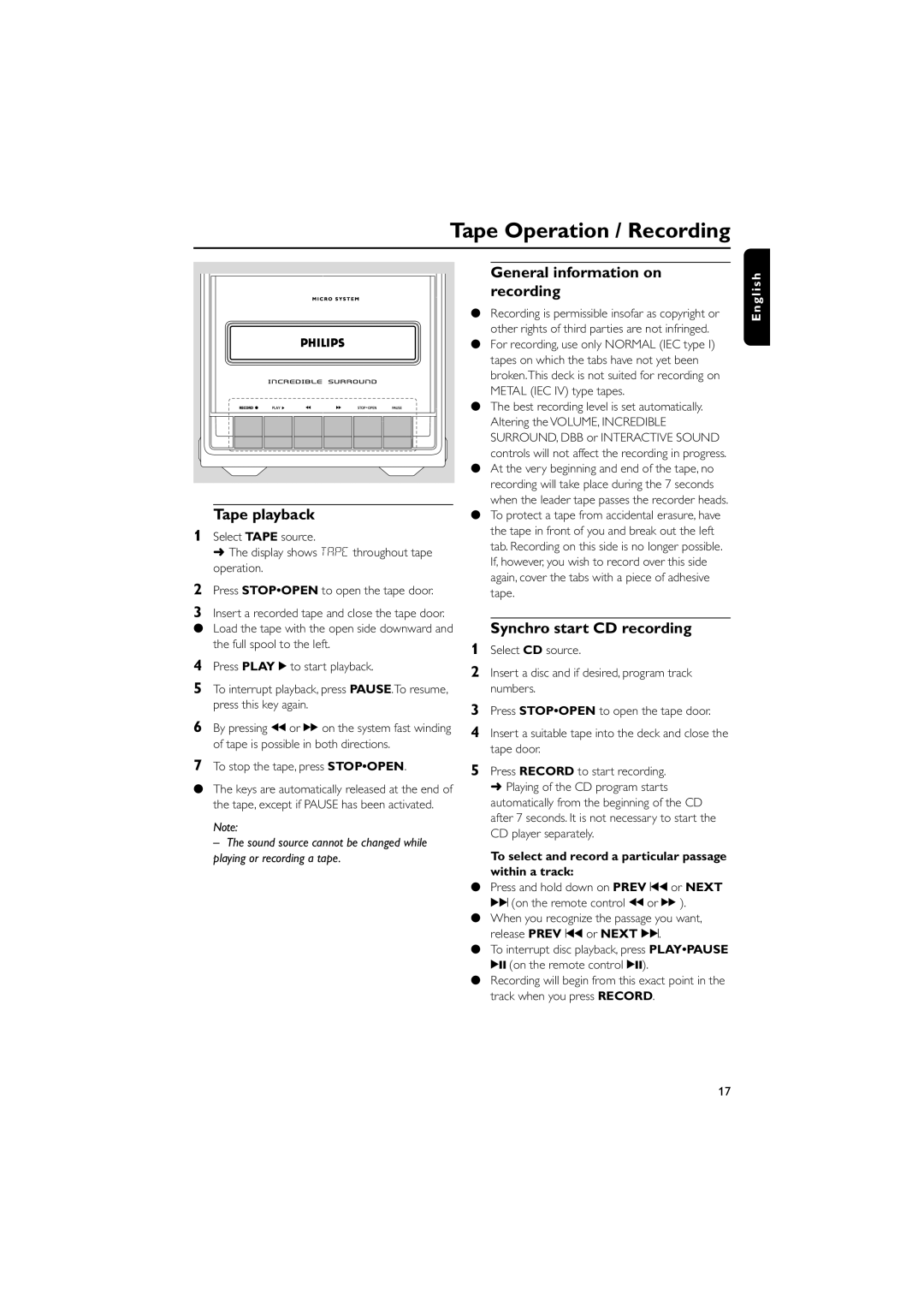 Philips MC-130 warranty Tape Operation / Recording, Tape playback, General information on recording 