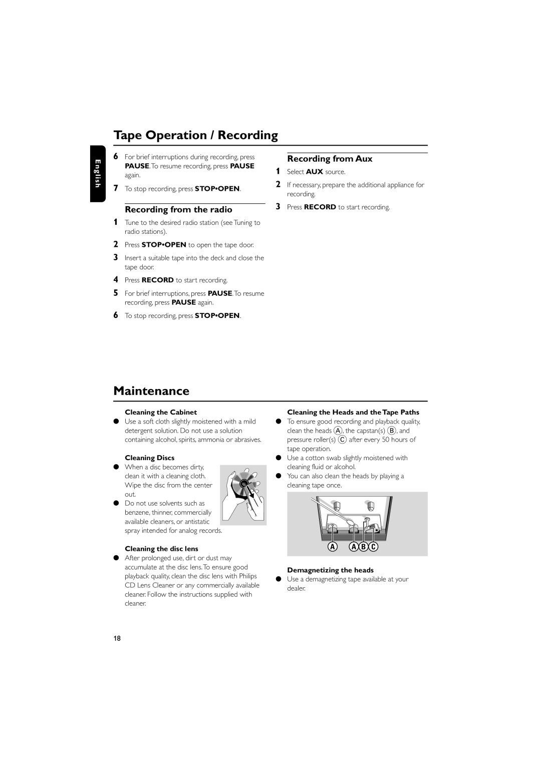 Philips MC-130 warranty Maintenance, Recording from the radio, Recording from Aux, B C 