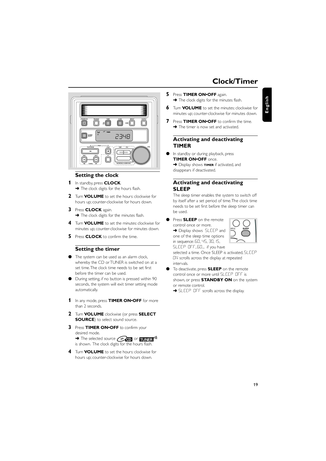 Philips MC-130 Clock/Timer, Activating and deactivating, Setting the clock, Setting the timer, Press Timer Onoff again 