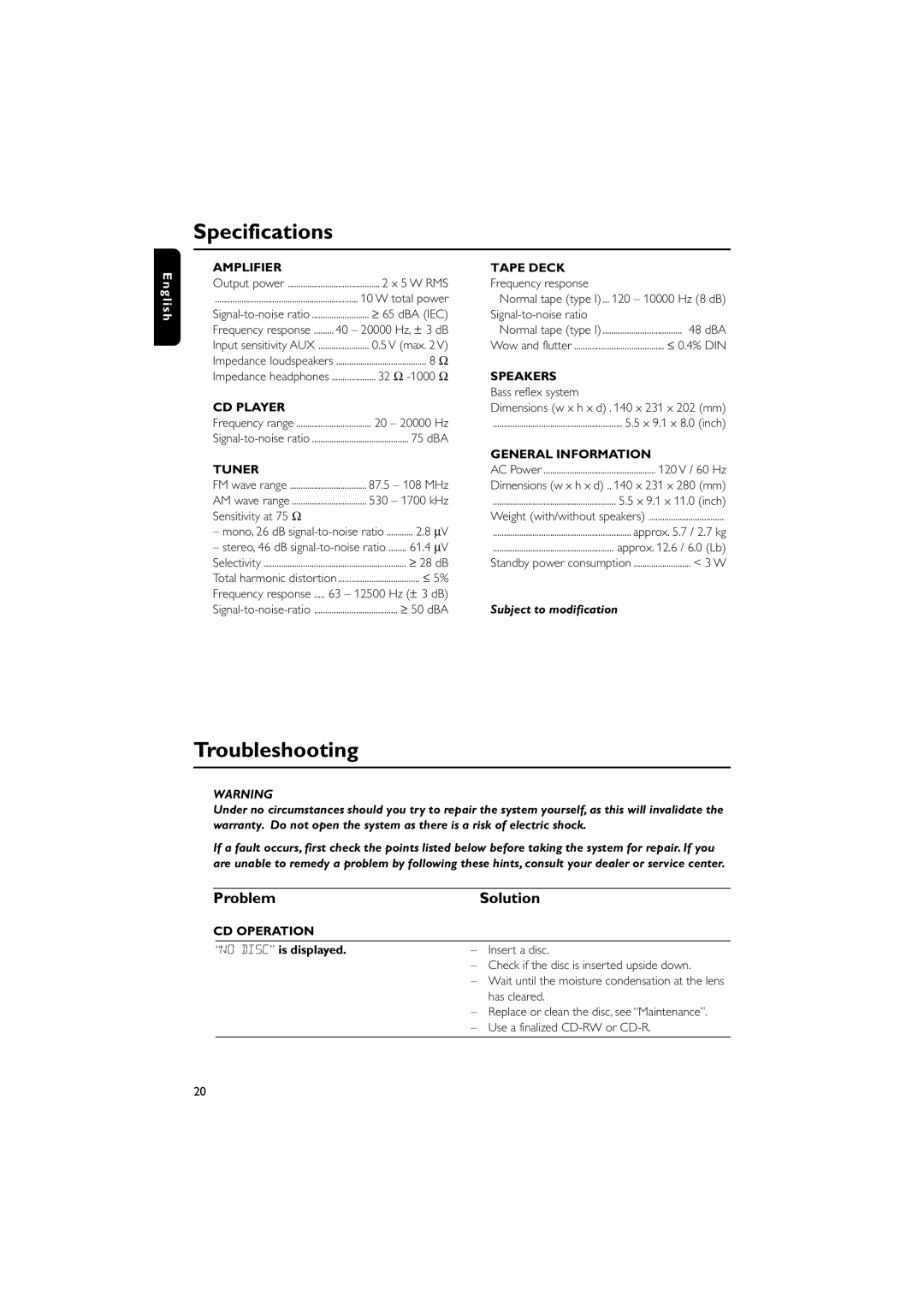 Philips MC-130 warranty Specifications, Troubleshooting, Problem Solution 