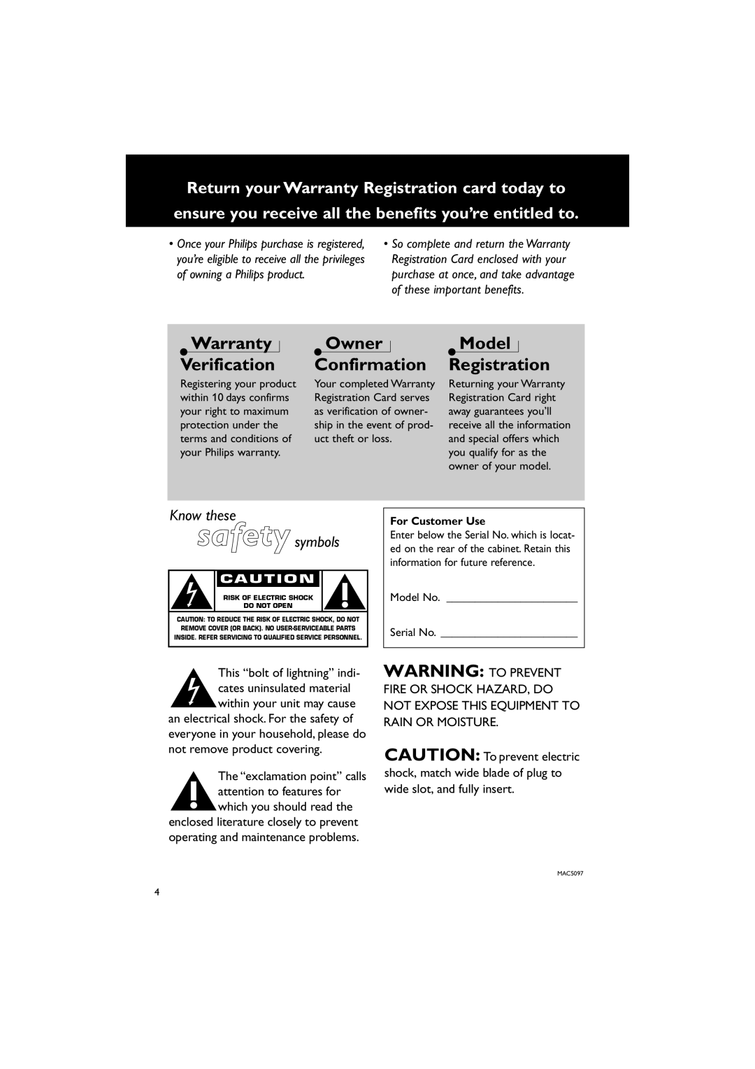 Philips MC-130 warranty Warranty Verification, Owner Confirmation, Model Registration 