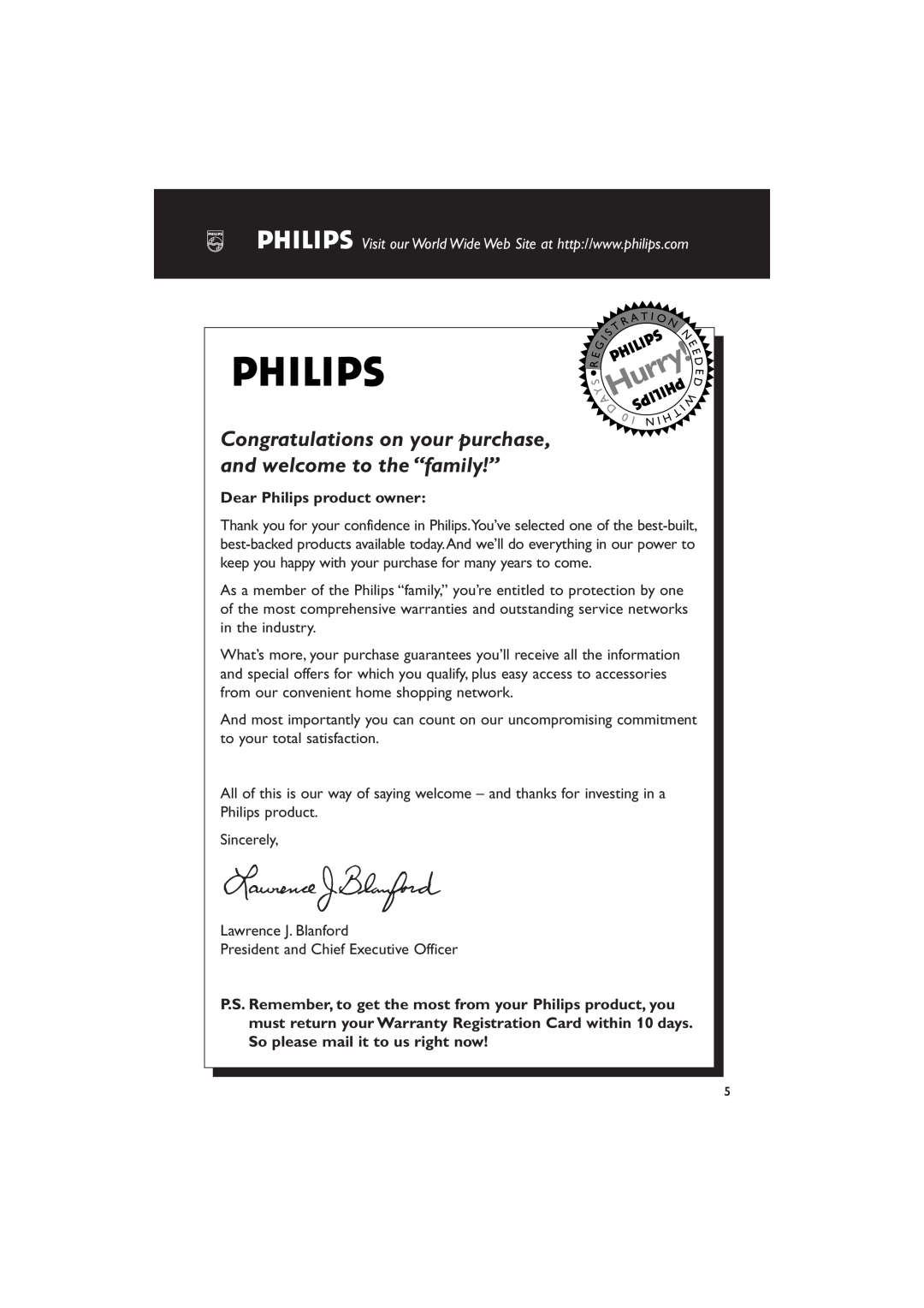 Philips MC-130 warranty Dear Philips product owner, Hurry 