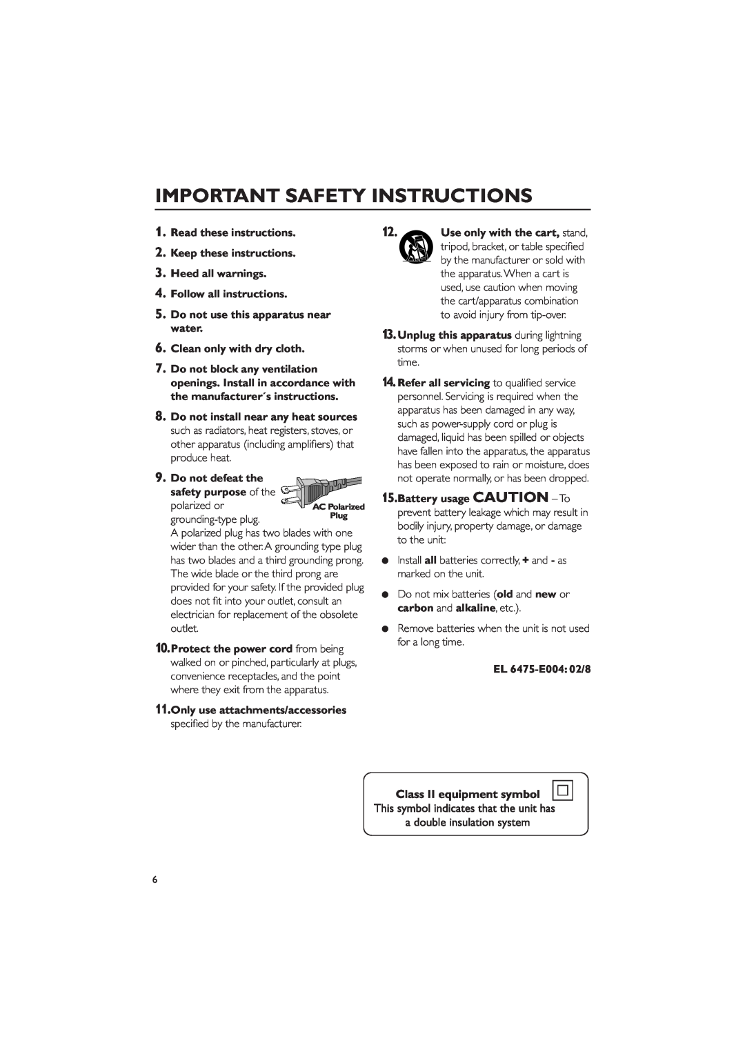 Philips MC-130 warranty Important Safety Instructions 