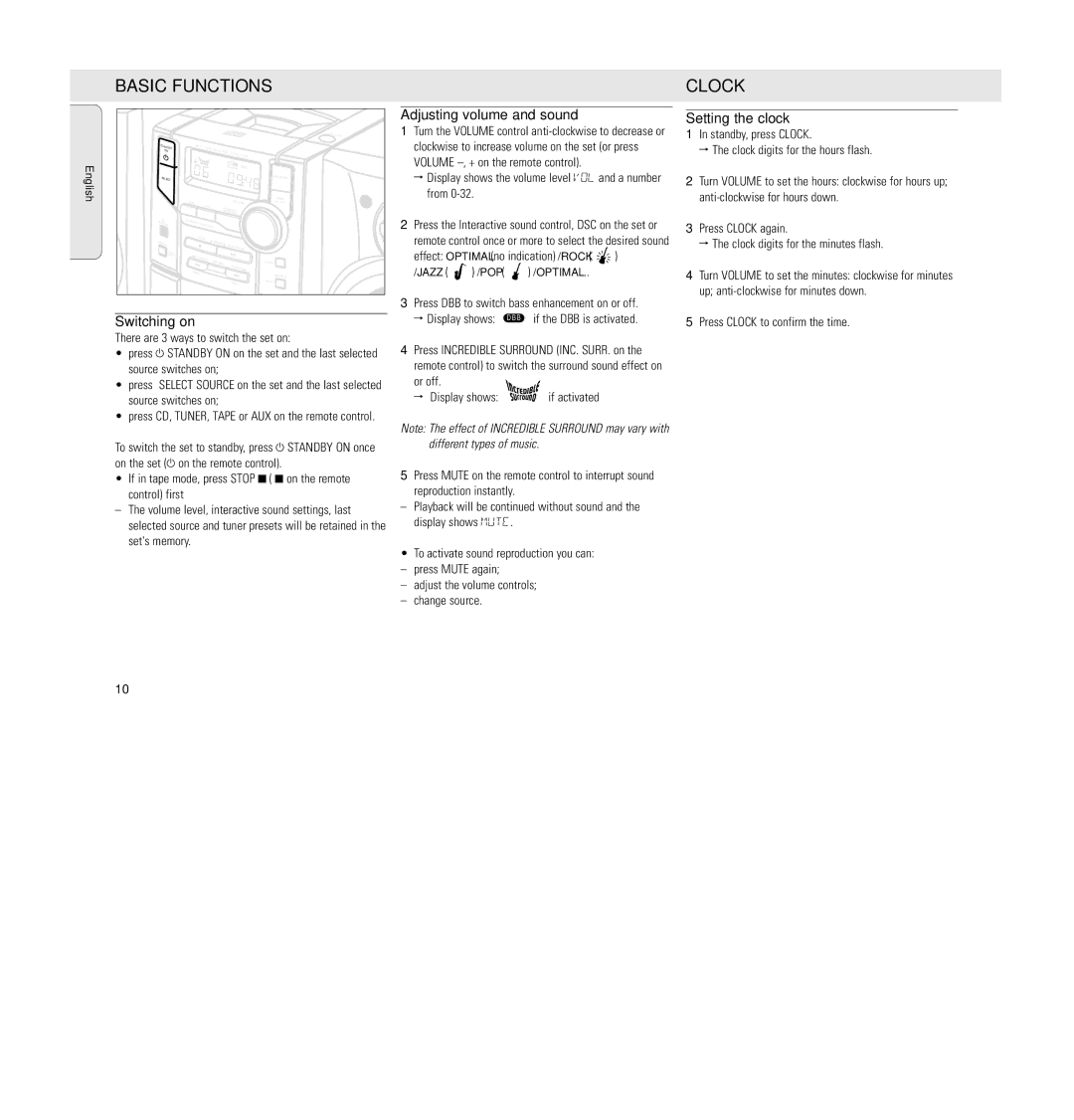 Philips MC 148 manual Basic Functions, Clock, Adjusting volume and sound, Setting the clock, Switching on 