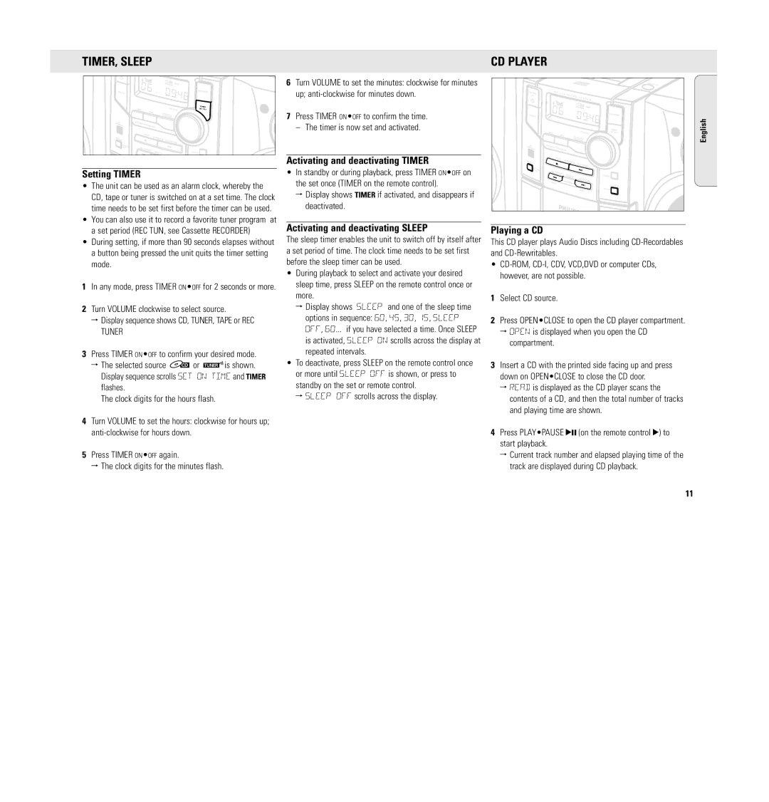 Philips MC 148 manual TIMER, Sleep, CD Player 