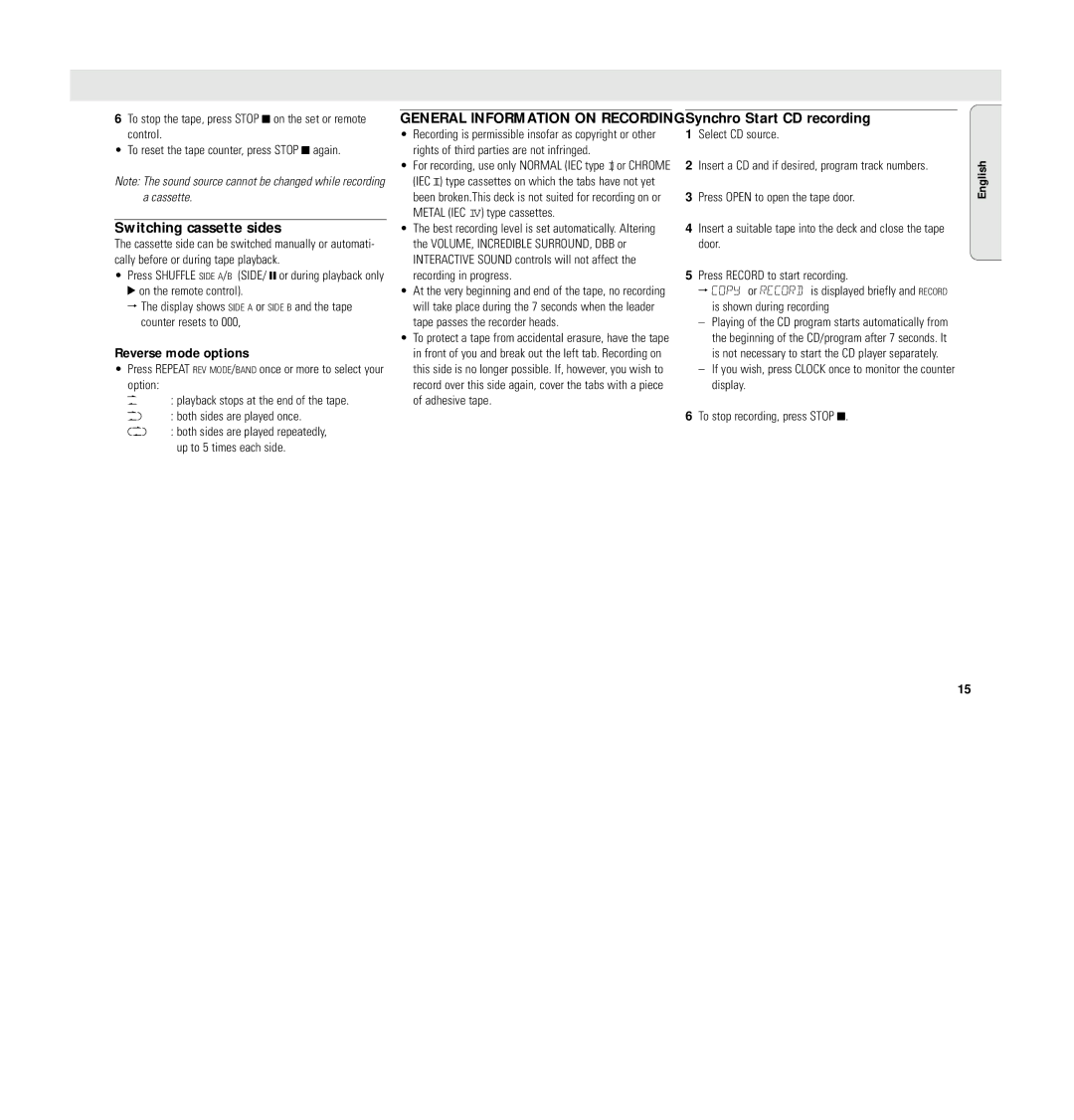 Philips MC 148 manual Switching cassette sides, General Information on Recording, Synchro Start CD recording 