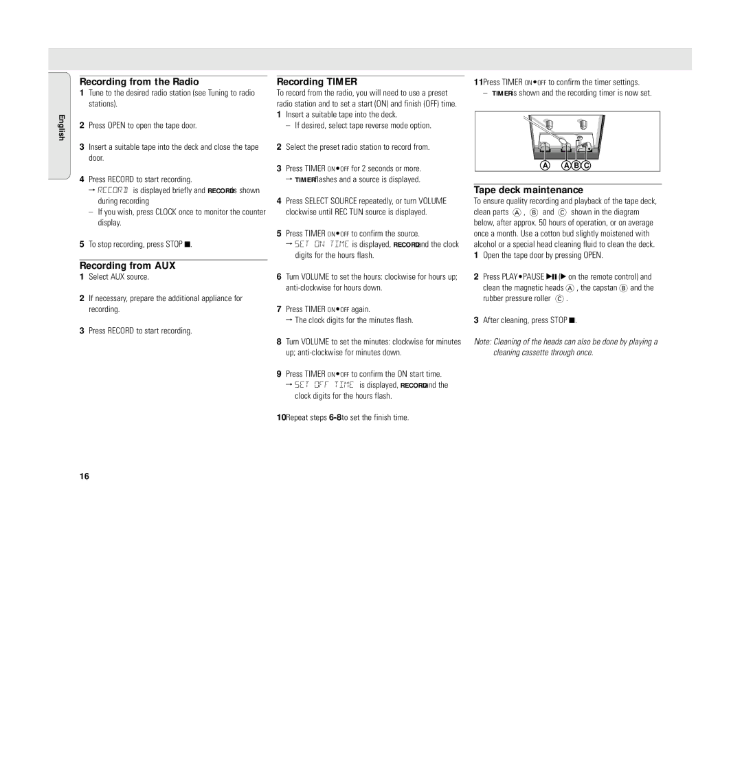 Philips MC 148 manual Recording from the Radio, Recording from AUX, Recording Timer, Tape deck maintenance 